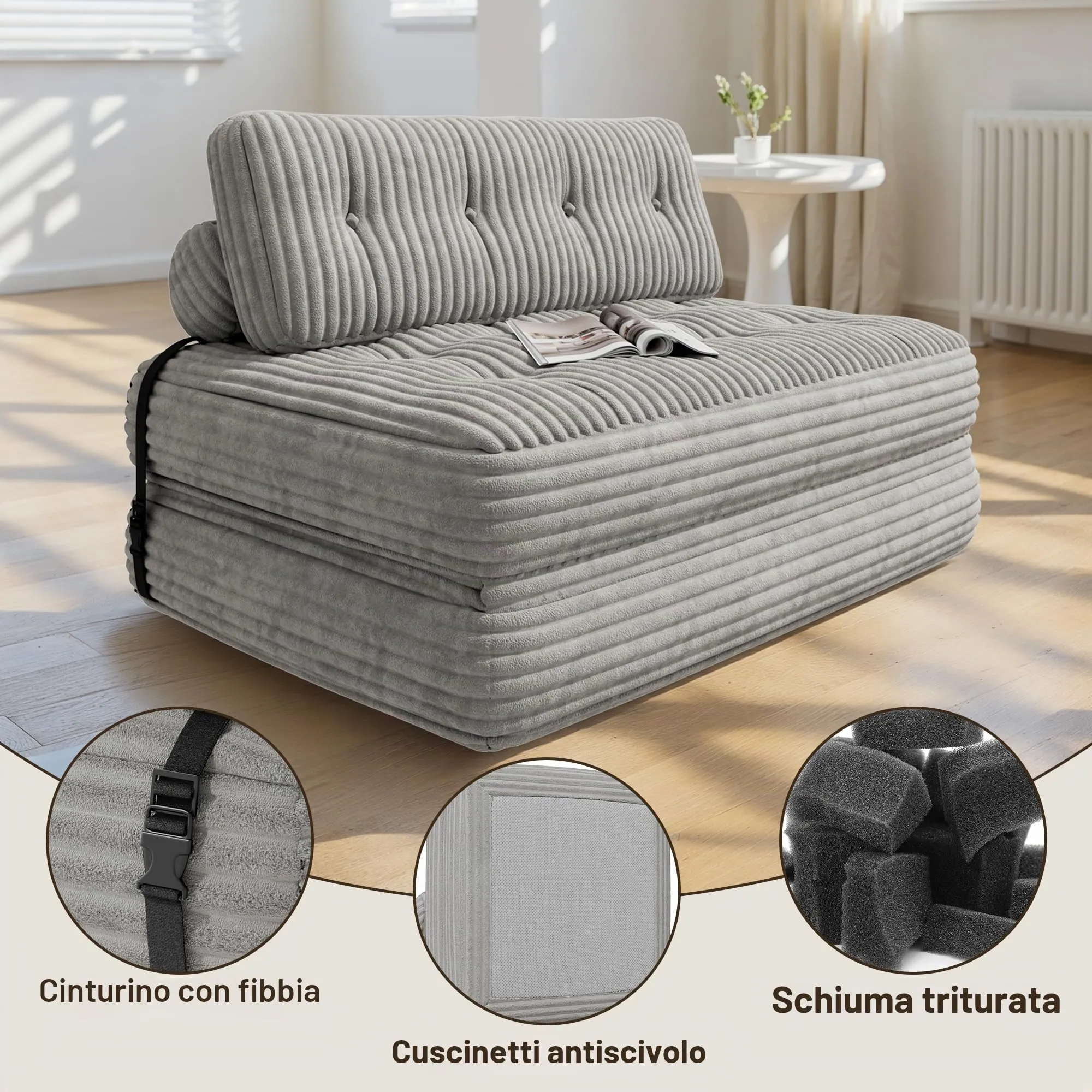 Xbro Divano Letto Matrimoniale 2 Posti Pieghevole, 180x130 cm, Grigio Chiaro - immagine 5