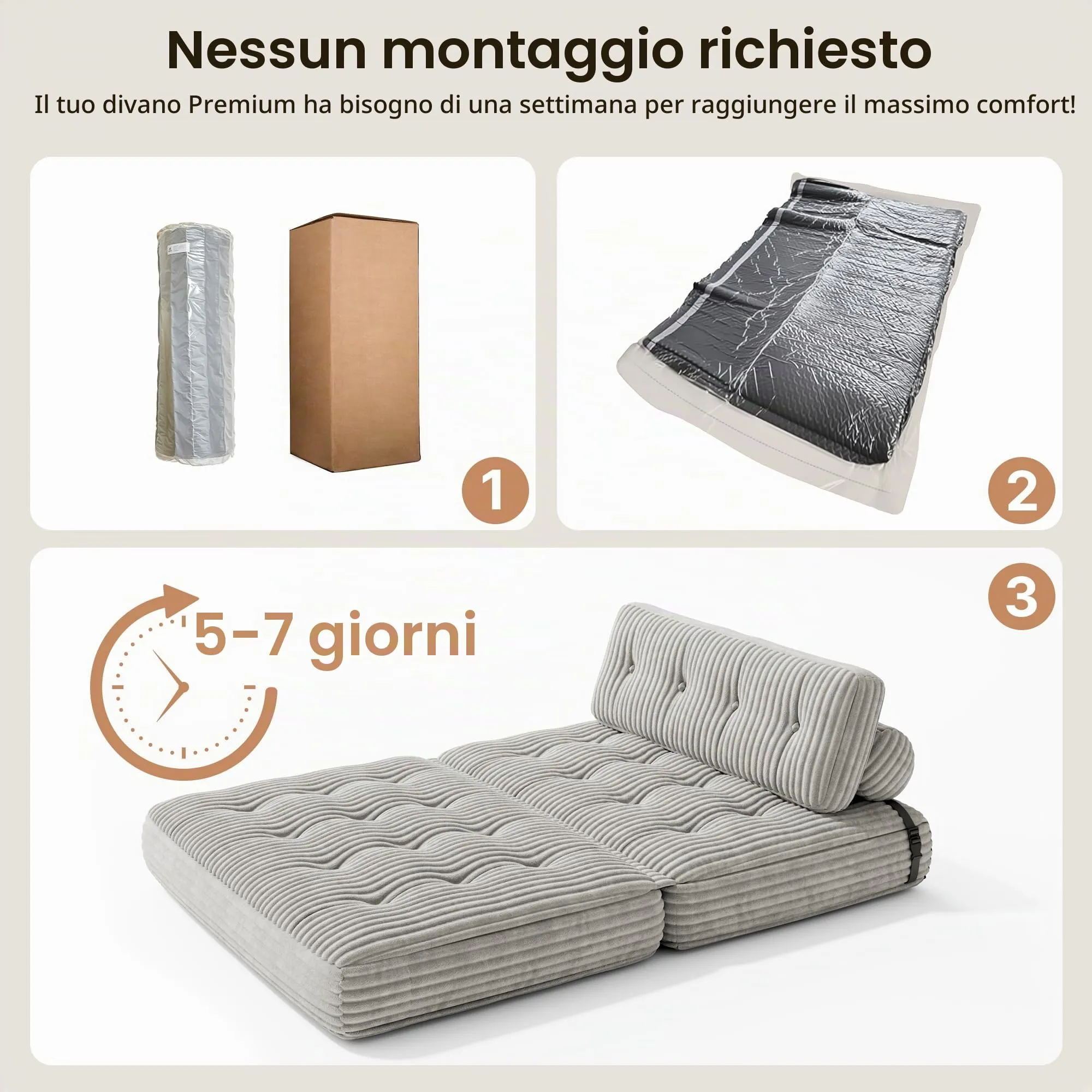 Xbro Divano Letto Matrimoniale 2 Posti Pieghevole, 180x130 cm, Grigio Chiaro - immagine 6