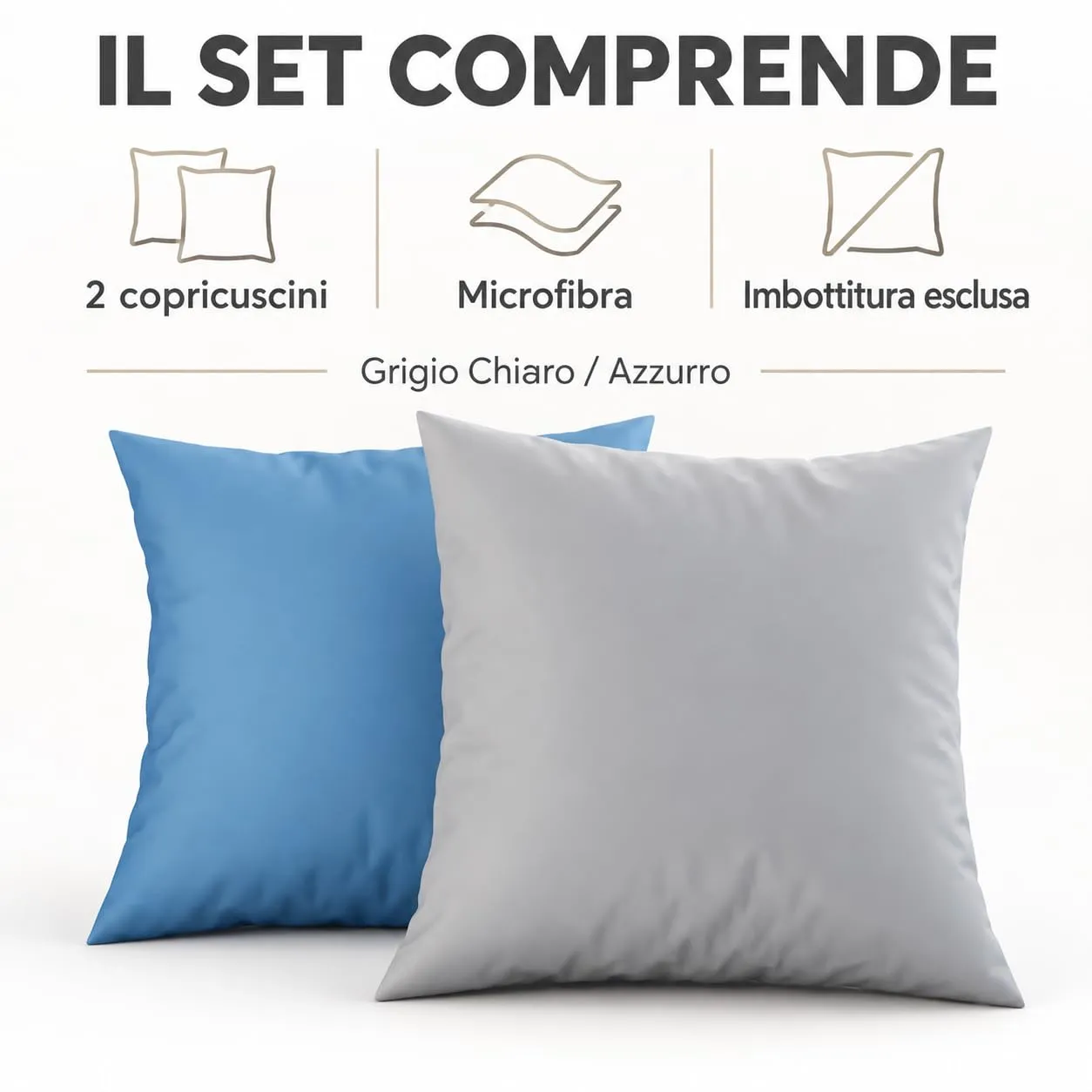 PETTI Artigiani Italiani Federe Cuscino in Microfibra 40x40 cm, Set di 2 Fodere Double Face Celeste Grigio Chiaro - immagine 5
