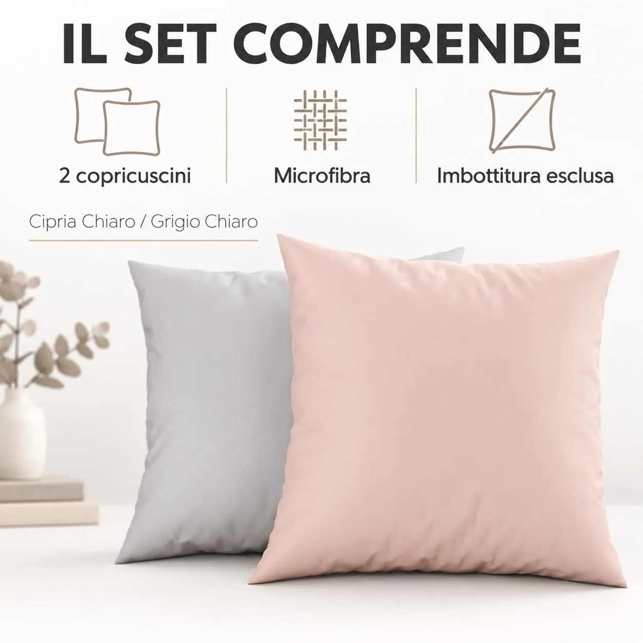 PETTI Artigiani Italiani Coppia di Federe Cuscino 30x30 cm in Microfibra Double Face Cipria Grigio Chiaro, Set di 2 - immagine 5