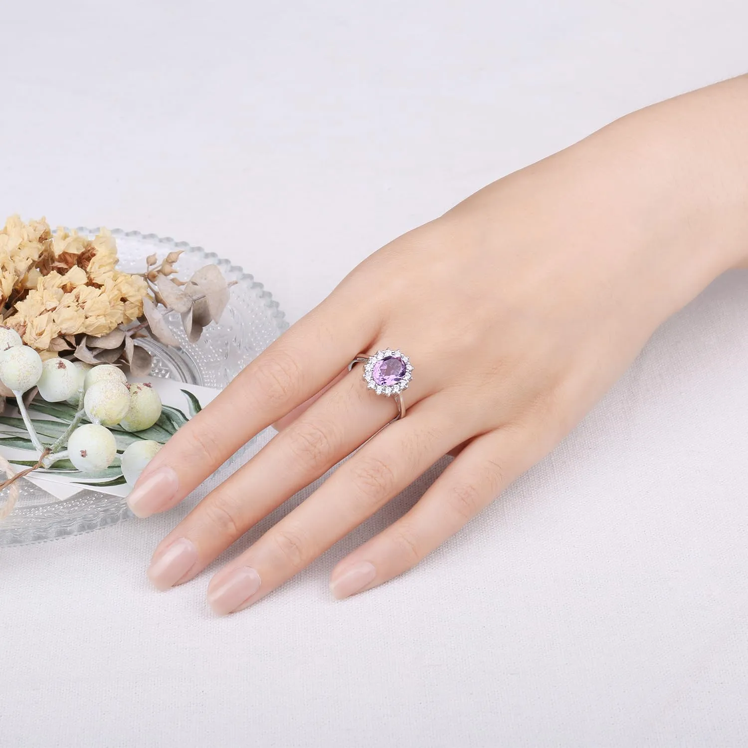 JewelryPalace Anello Halo Donna Placcato Oro Bianco 14K Amethyst Colored Cubic Zirconia, Misura 10.5 - immagine 4