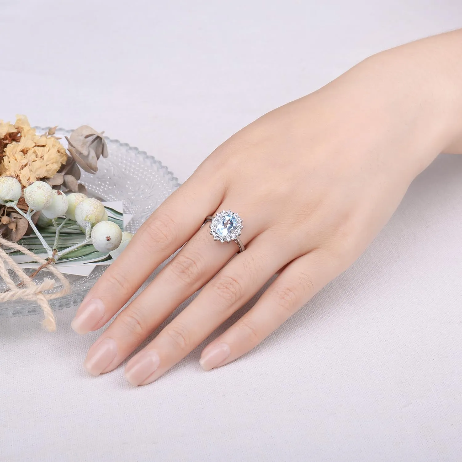 JewelryPalace Anello Halo Donna placcato oro bianco 14K con Sky Blue Created Spinel e Zirconi, Misura 9.5 - immagine 4