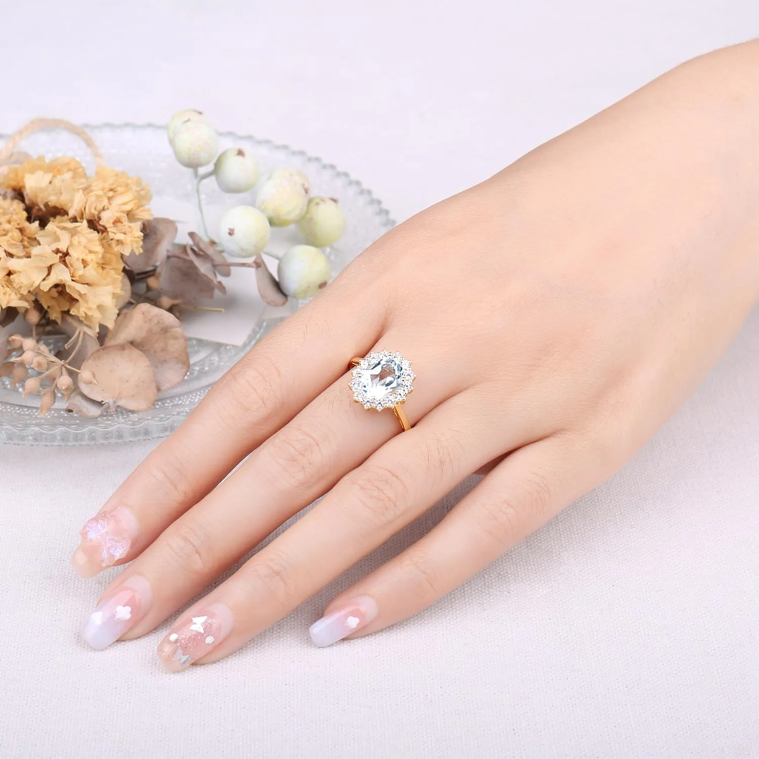 JewelryPalace Anello Halo Donna placcato oro giallo 14K con Sky Blue Created Spinel e Zirconi - immagine 4