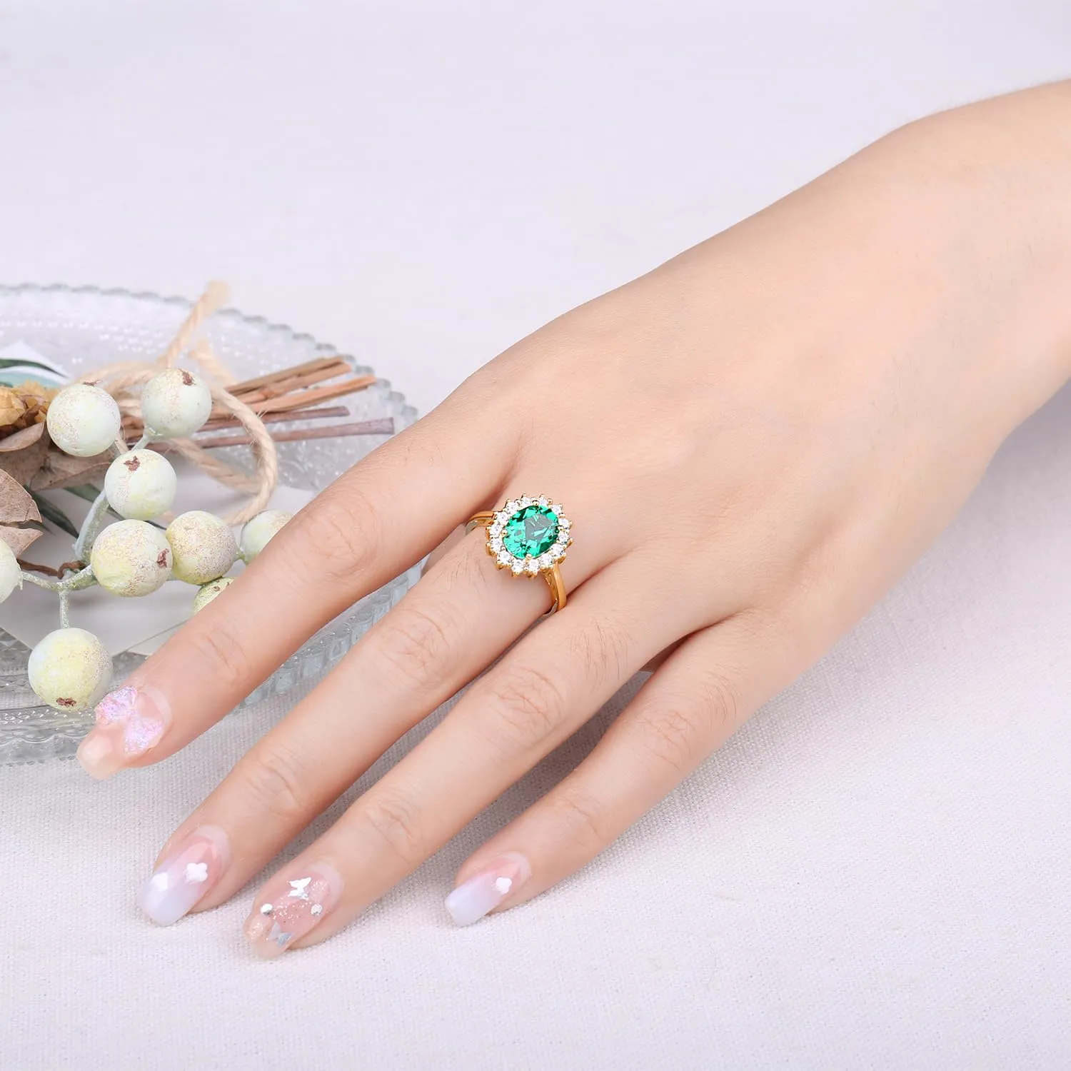 JewelryPalace Anello Halo Donna placcato oro giallo 14K con Smeraldo Verde Simulato e Zirconi - immagine 4