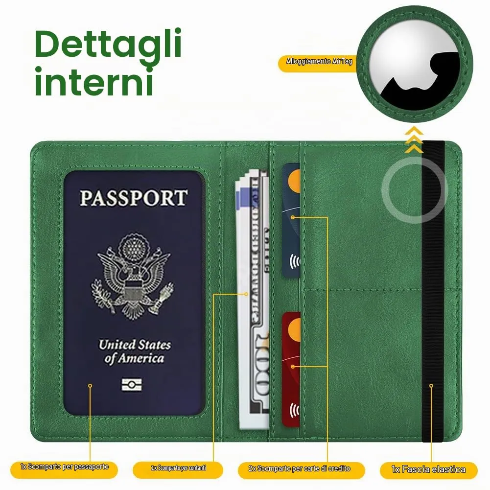 AOOSU Custodia per Passaporto in Pelle con Slot AirTag e Protezione RFID (Verde) - immagine 6