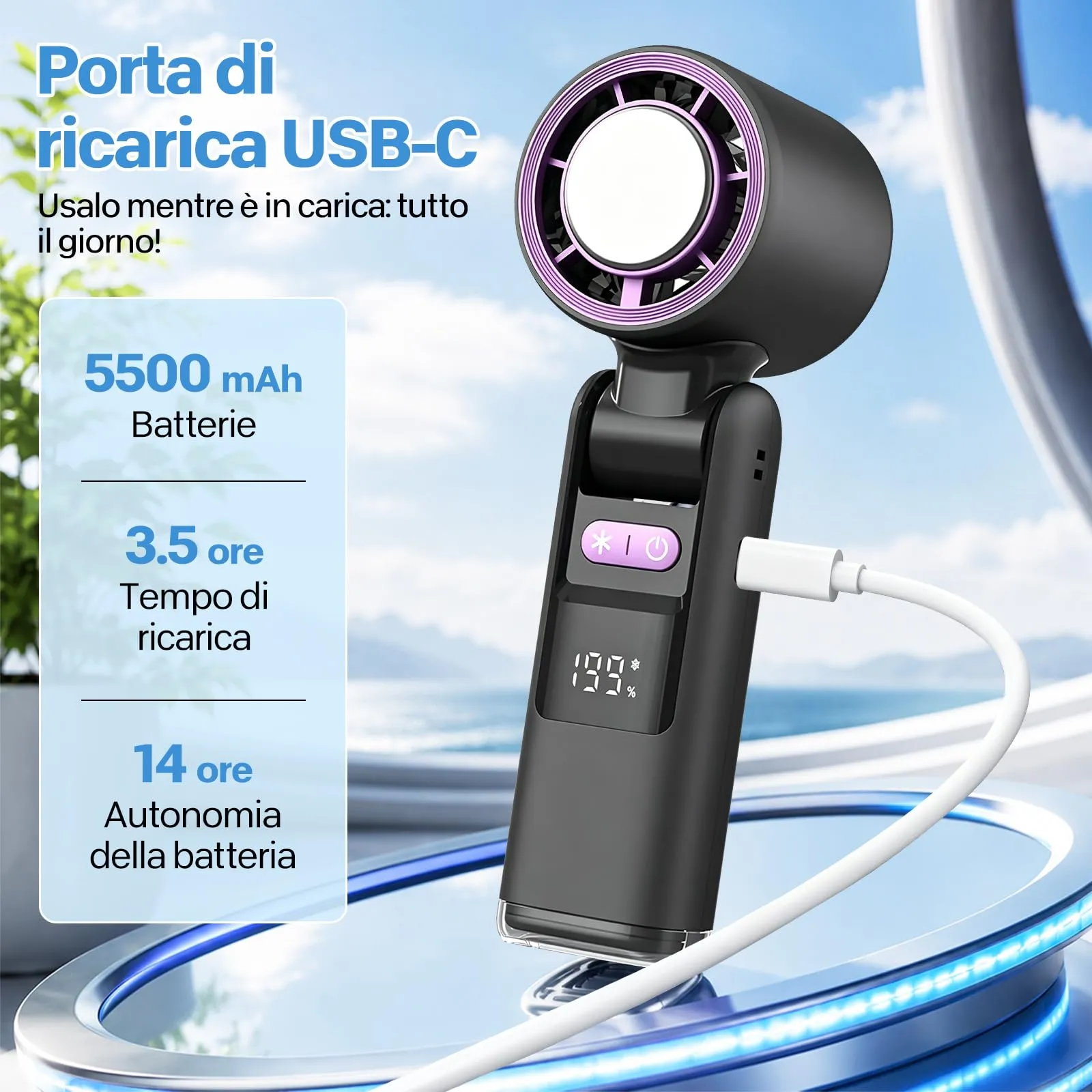 VHV Ventilatore Portatile Turbo JF138, 1-199 velocità, Batteria 5500 mAh, Display LED, Pieghevole - immagine 3