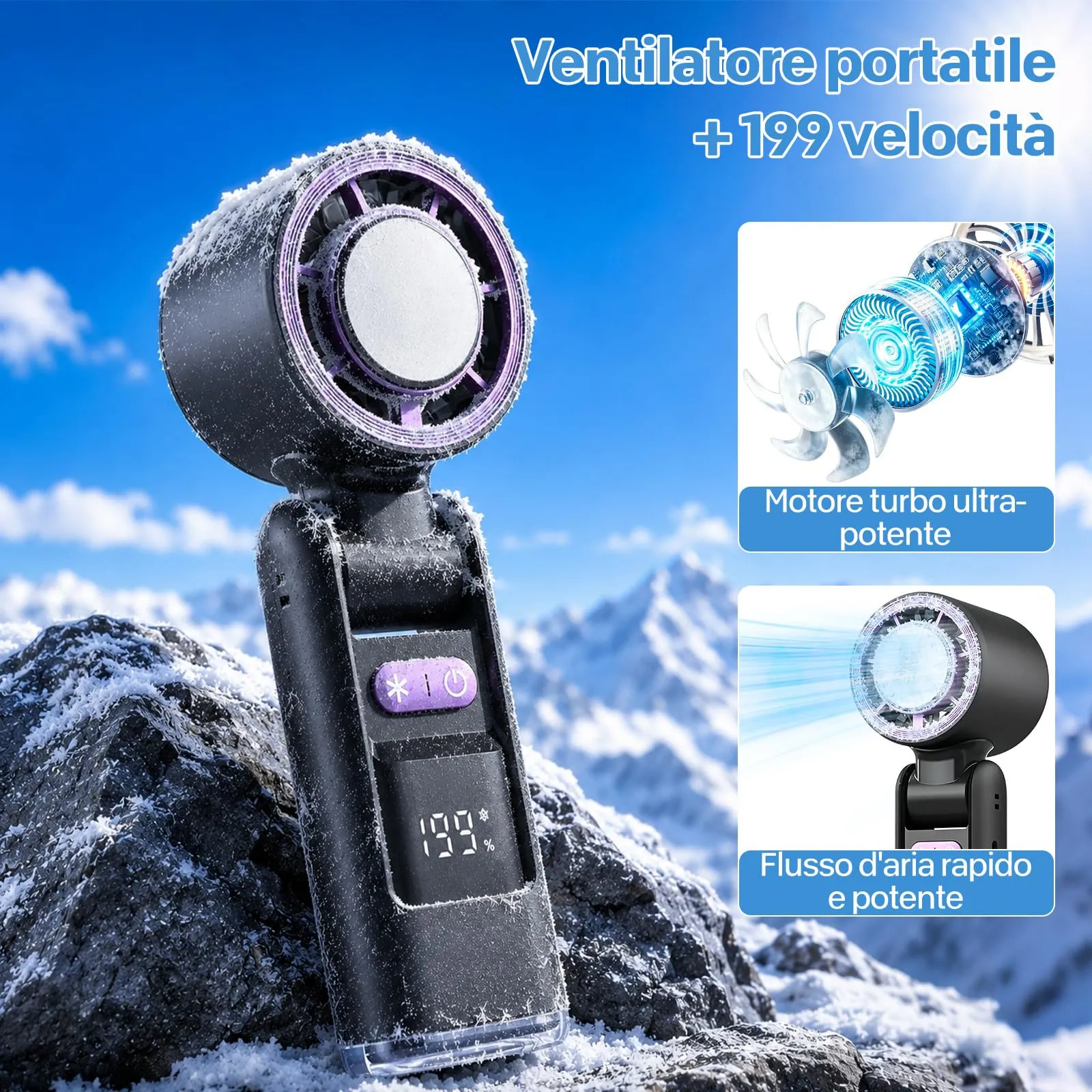 VHV Ventilatore Portatile Turbo JF138, 1-199 velocità, Batteria 5500 mAh, Display LED, Pieghevole - immagine 4