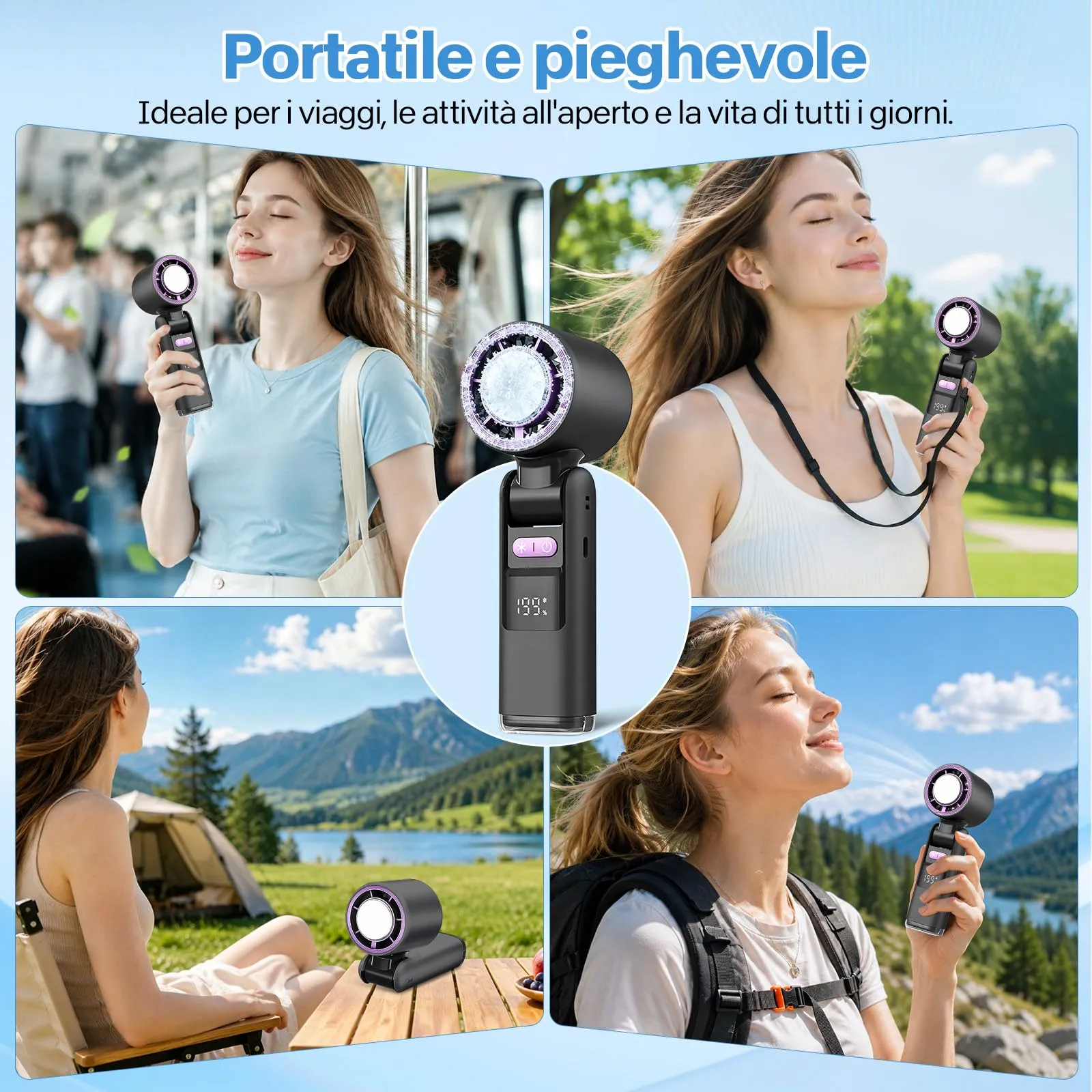 VHV Ventilatore Portatile Turbo JF138, 1-199 velocità, Batteria 5500 mAh, Display LED, Pieghevole - immagine 5