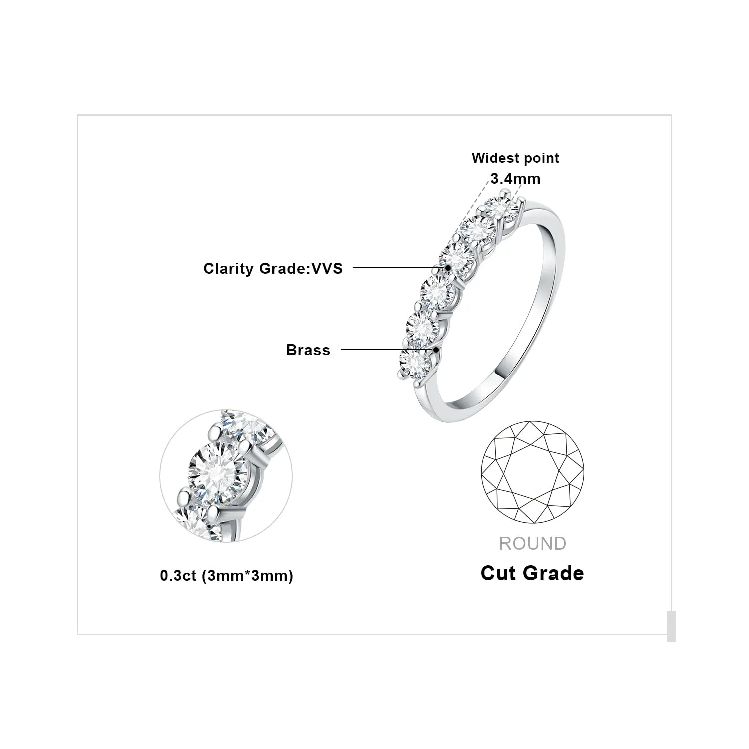JewelryPalace Anello Half Eternity Donna Placcato Oro Bianco 14K con Zirconia Cubica 0.6ct, Fede Nuziale con 6 Pietre a Taglio Rotondo, Misura 13 - immagine 2