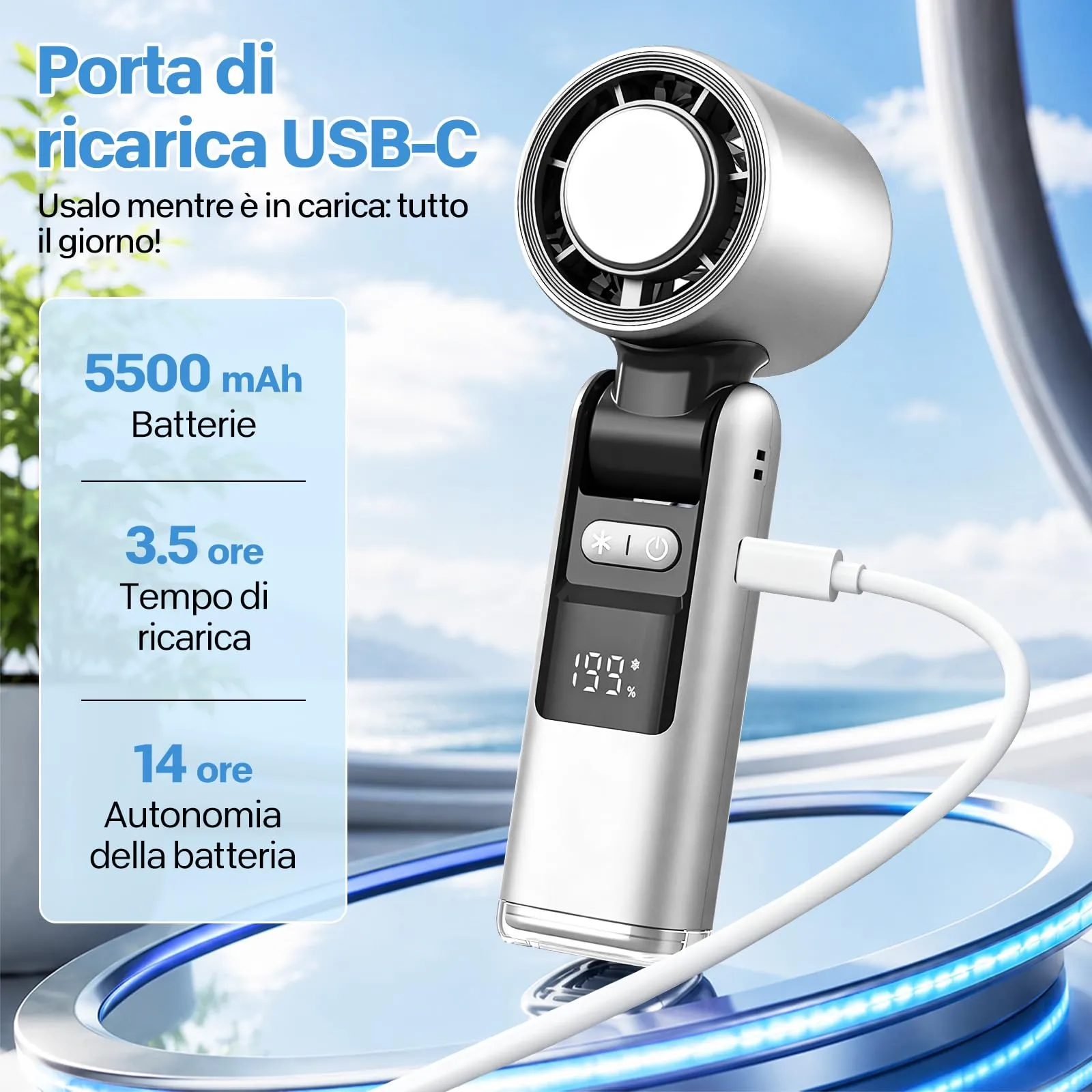 VHV Ventilatore Portatile Turbo JF38, 1-199 Velocità, Batteria 5500 mAh, Display LED, Pieghevole e Multifunzione - immagine 3