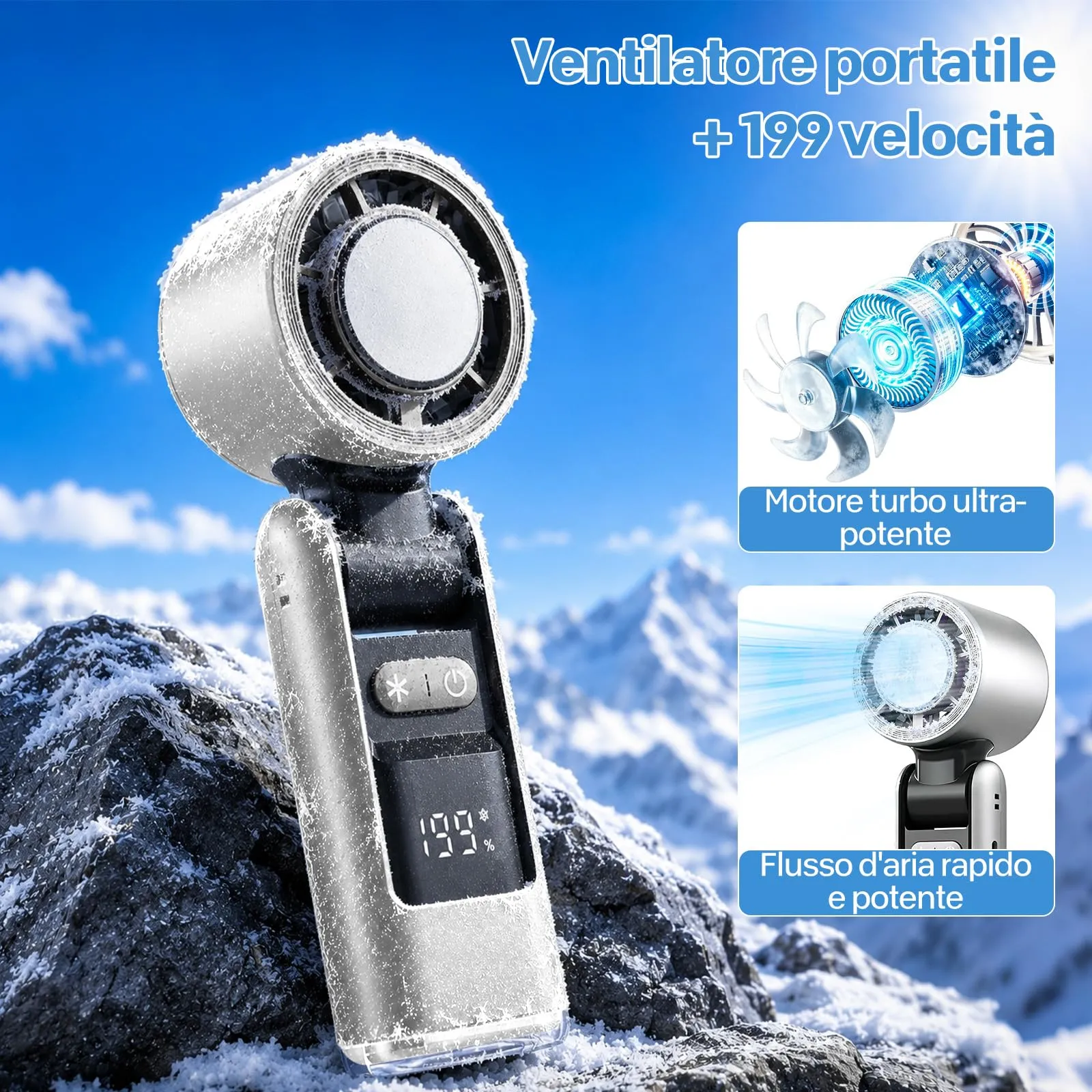 VHV Ventilatore Portatile Turbo JF38, 1-199 Velocità, Batteria 5500 mAh, Display LED, Pieghevole e Multifunzione - immagine 4
