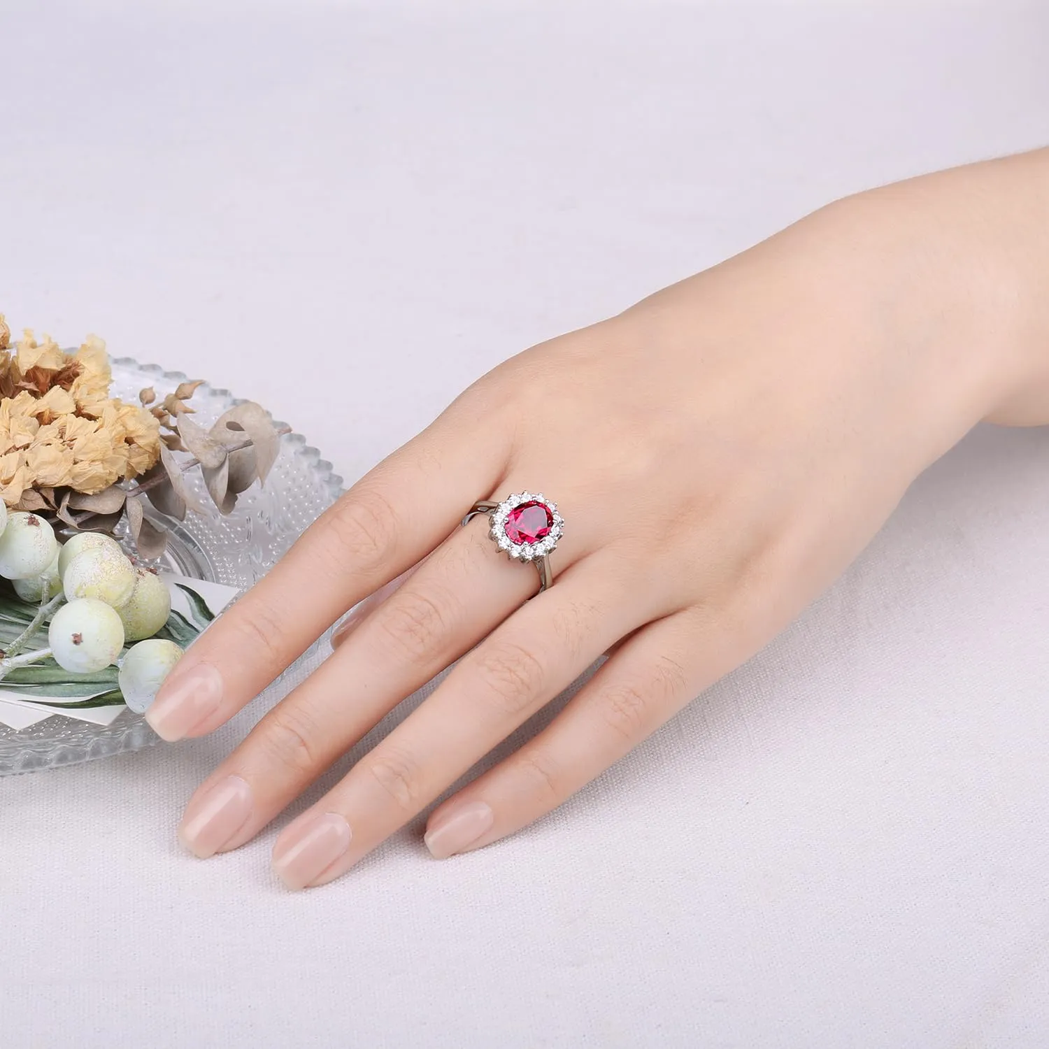JewelryPalace Anello Halo Donna in Oro Bianco 14K con Rubino Rosso e Zirconi, Pietra Ovale - immagine 4
