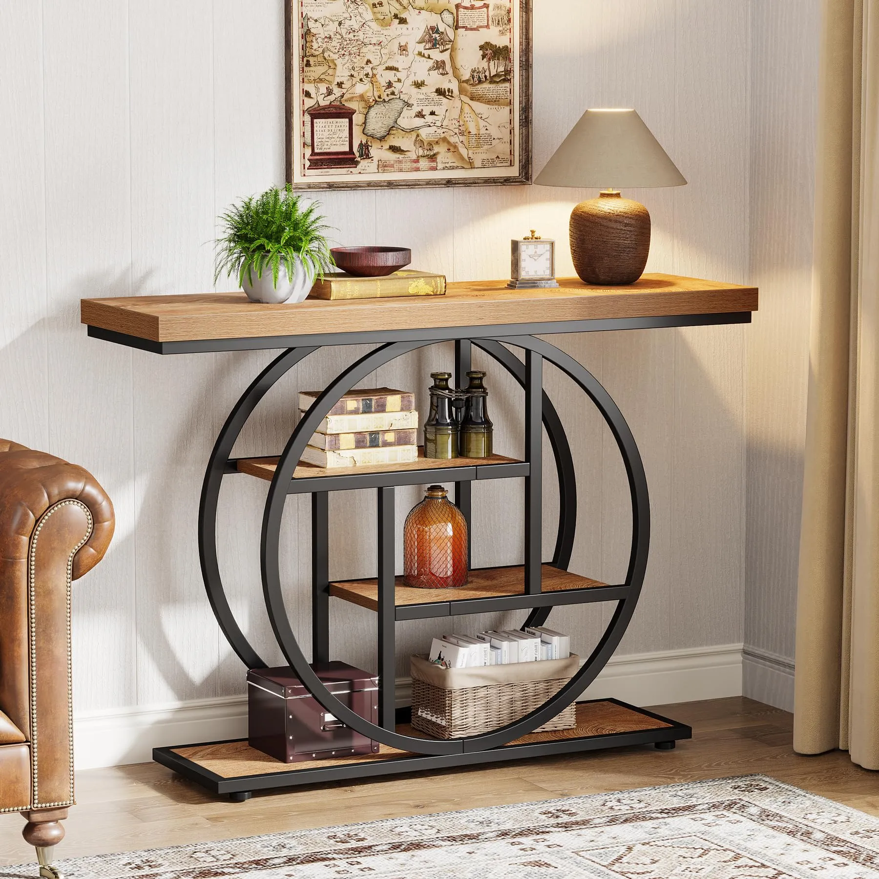 Tribesigns Console in Stile Industriale da 105 cm, 4 Livelli con Base Circolare, Rovere Marrone - immagine 3