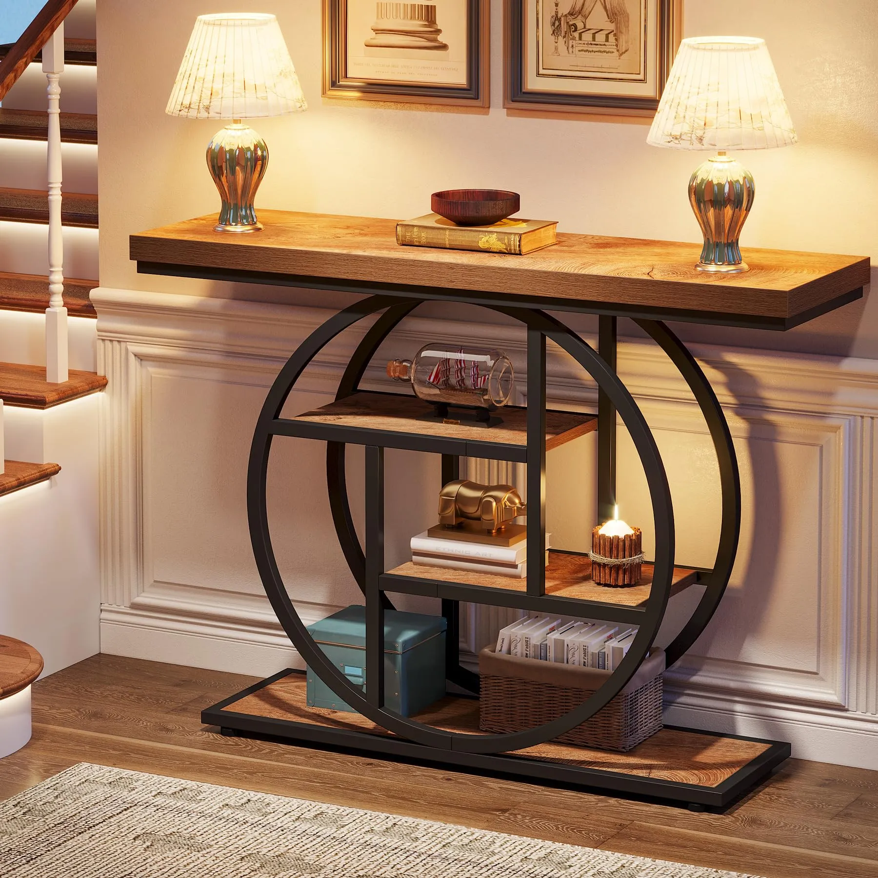 Tribesigns Console in Stile Industriale da 105 cm, 4 Livelli con Base Circolare, Rovere Marrone - immagine 5