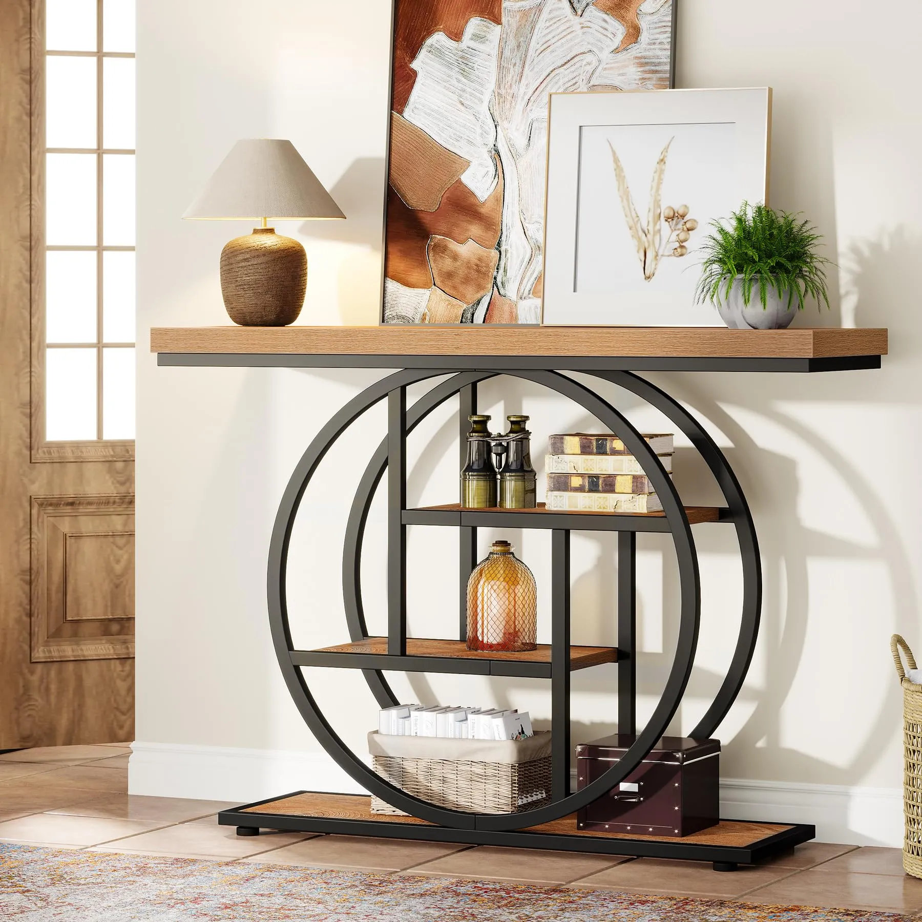 Tribesigns Console in Stile Industriale da 105 cm, 4 Livelli con Base Circolare, Rovere Marrone - immagine 9