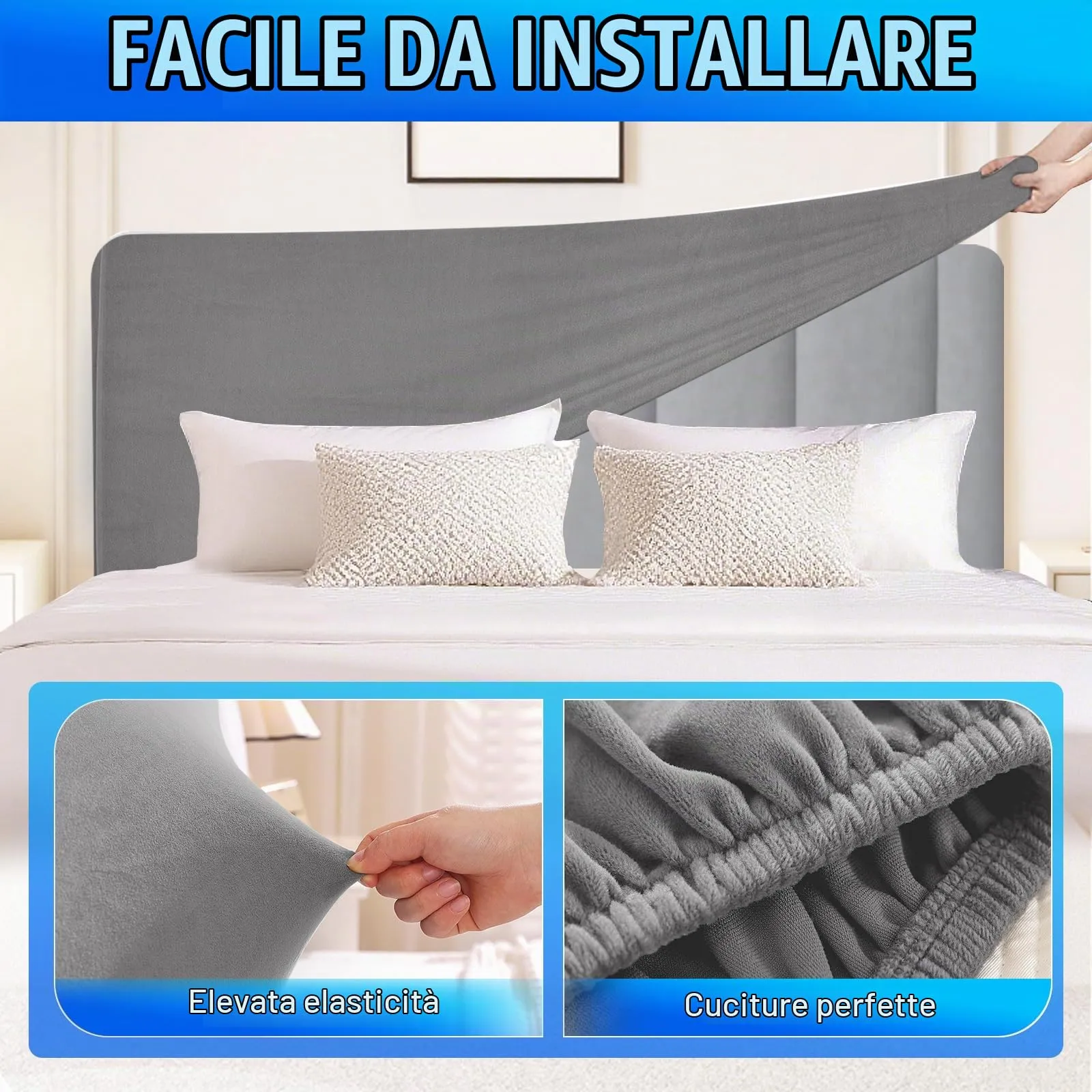 CYCMACO Copri Testata Letto in Velluto Universale, 90cm, Grigio Chiaro - immagine 6