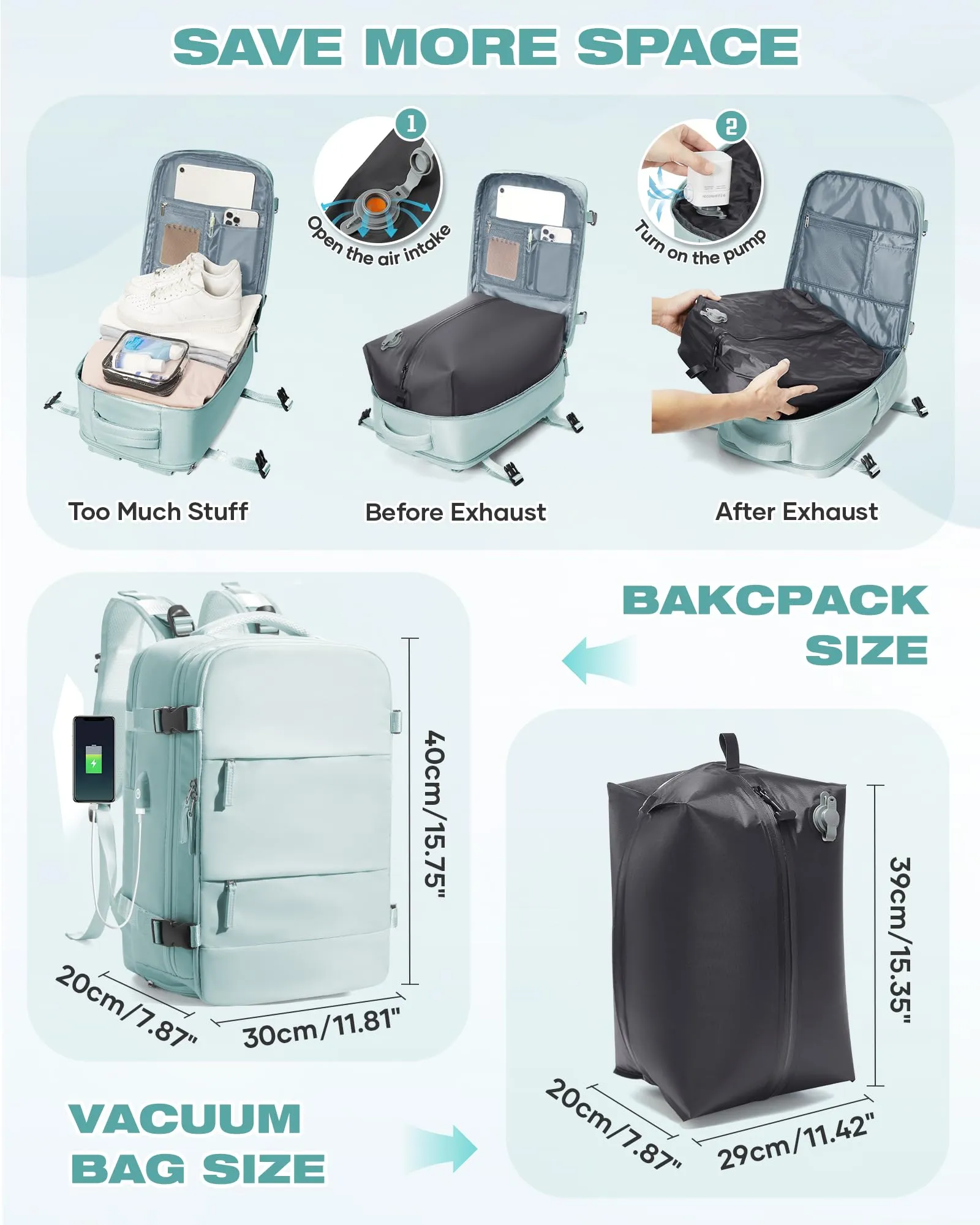 SZLX Zaino da Viaggio Sottovuoto con Pompa per Ryanair 40x30x20, Wizzair ed Easyjet, Bagaglio a Mano per Laptop 14 Pollici con Porta Scarpe - immagine 4