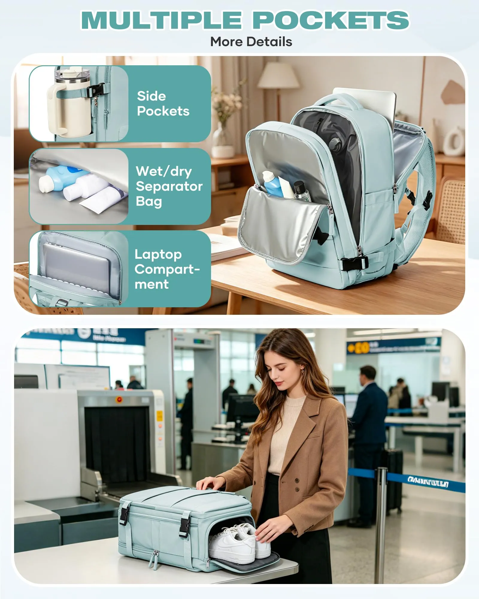 SZLX Zaino da Viaggio Sottovuoto con Pompa per Ryanair 40x30x20, Wizzair ed Easyjet, Bagaglio a Mano per Laptop 14 Pollici con Porta Scarpe - immagine 10