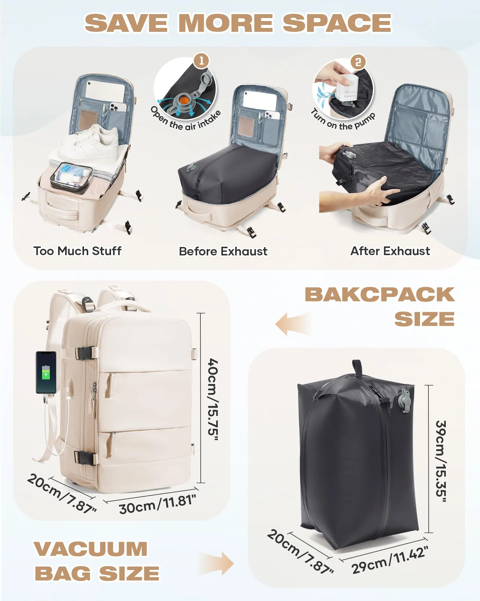 SZLX Zaino da Viaggio Sottovuoto con Pompa, Bagaglio a Mano 40x30x20 per Ryanair, Wizz Air, EasyJet, Scomparto Laptop 14 Pollici e Porta Scarpe - immagine 4