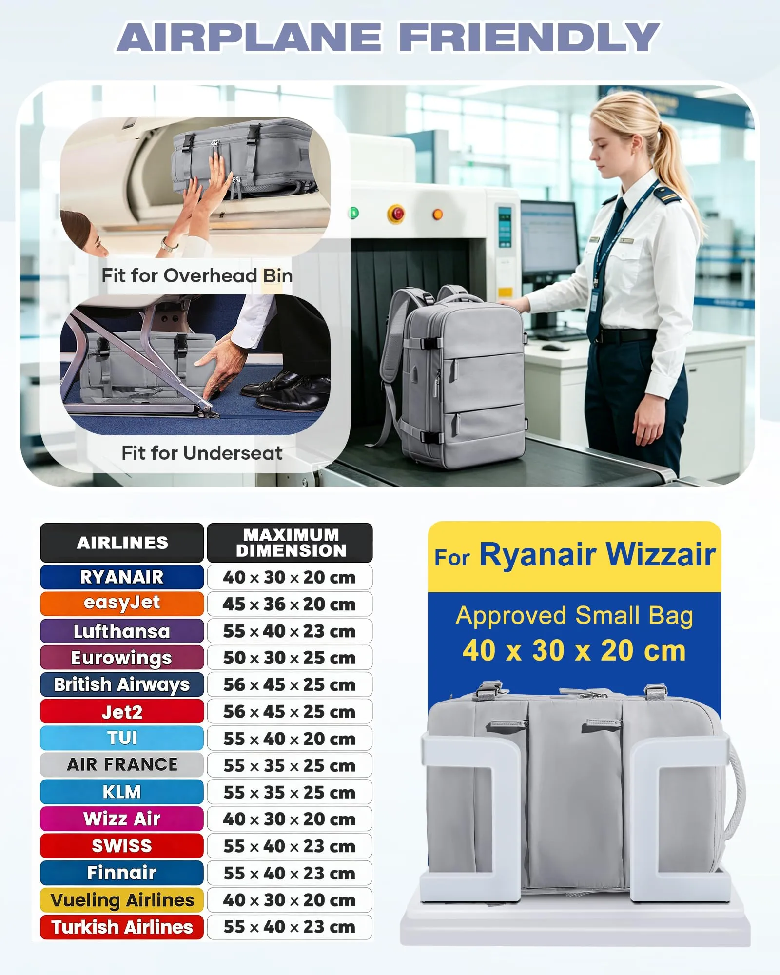 SZLX Zaino da Viaggio Sottovuoto con Pompa, Bagaglio a Mano 40x30x20 per Ryanair, Wizzair, Easyjet, Scomparto Laptop 14 Pollici e Porta Scarpe - immagine 3
