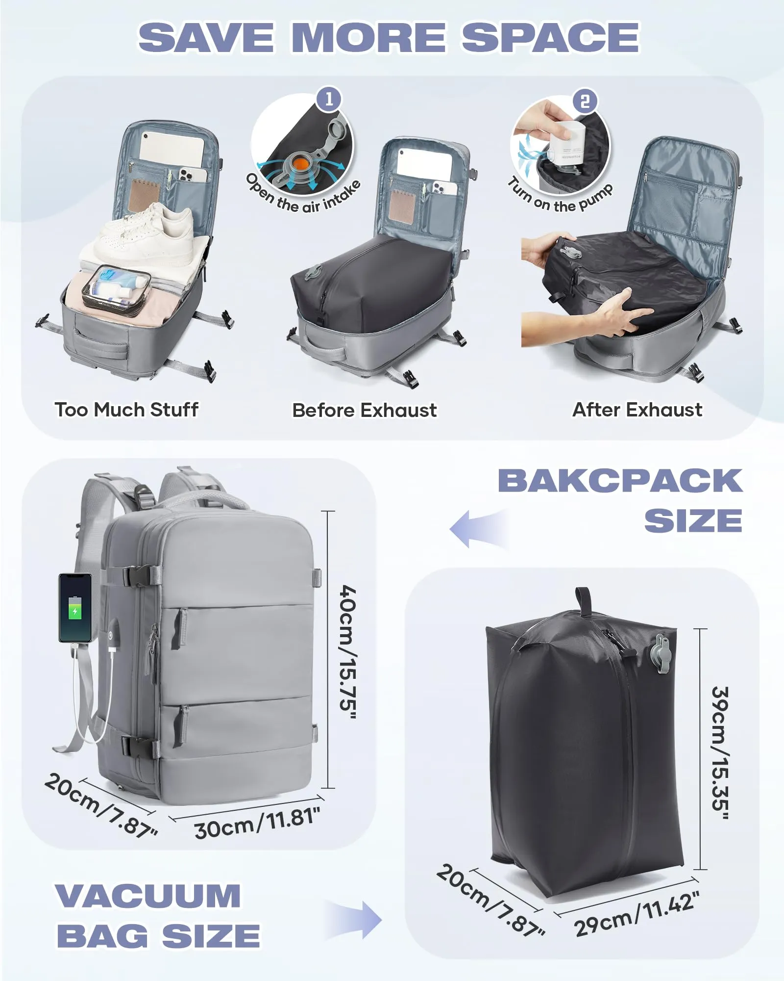 SZLX Zaino da Viaggio Sottovuoto con Pompa, Bagaglio a Mano 40x30x20 per Ryanair, Wizzair, Easyjet, Scomparto Laptop 14 Pollici e Porta Scarpe - immagine 4