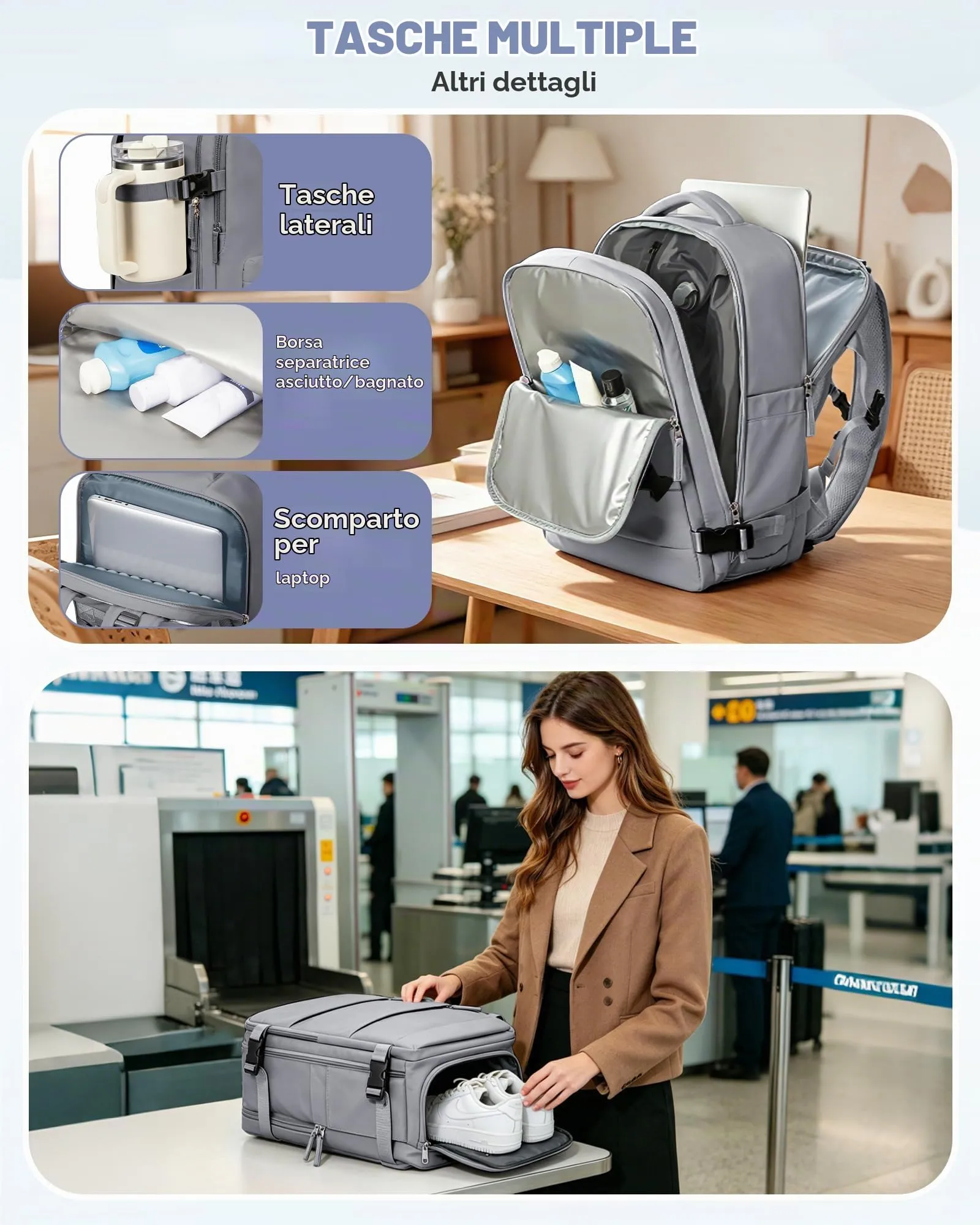 SZLX Zaino da Viaggio Sottovuoto con Pompa, Bagaglio a Mano 40x30x20 per Ryanair, Wizzair, Easyjet, Scomparto Laptop 14 Pollici e Porta Scarpe - immagine 10