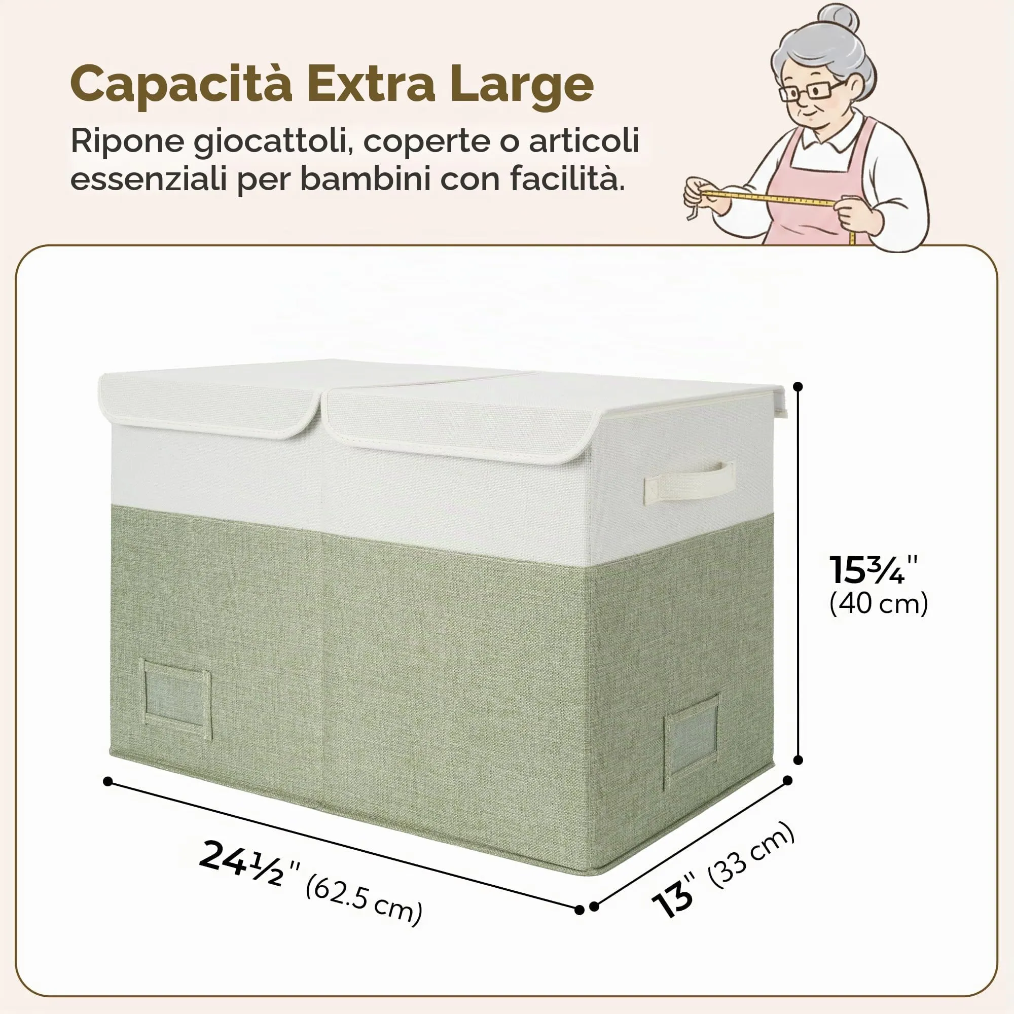 GRANNY SAYS Scatola portaoggetti pieghevole in tessuto con coperchio, Bianco&Verde, 62.5 x 33 x 40 cm - immagine 3