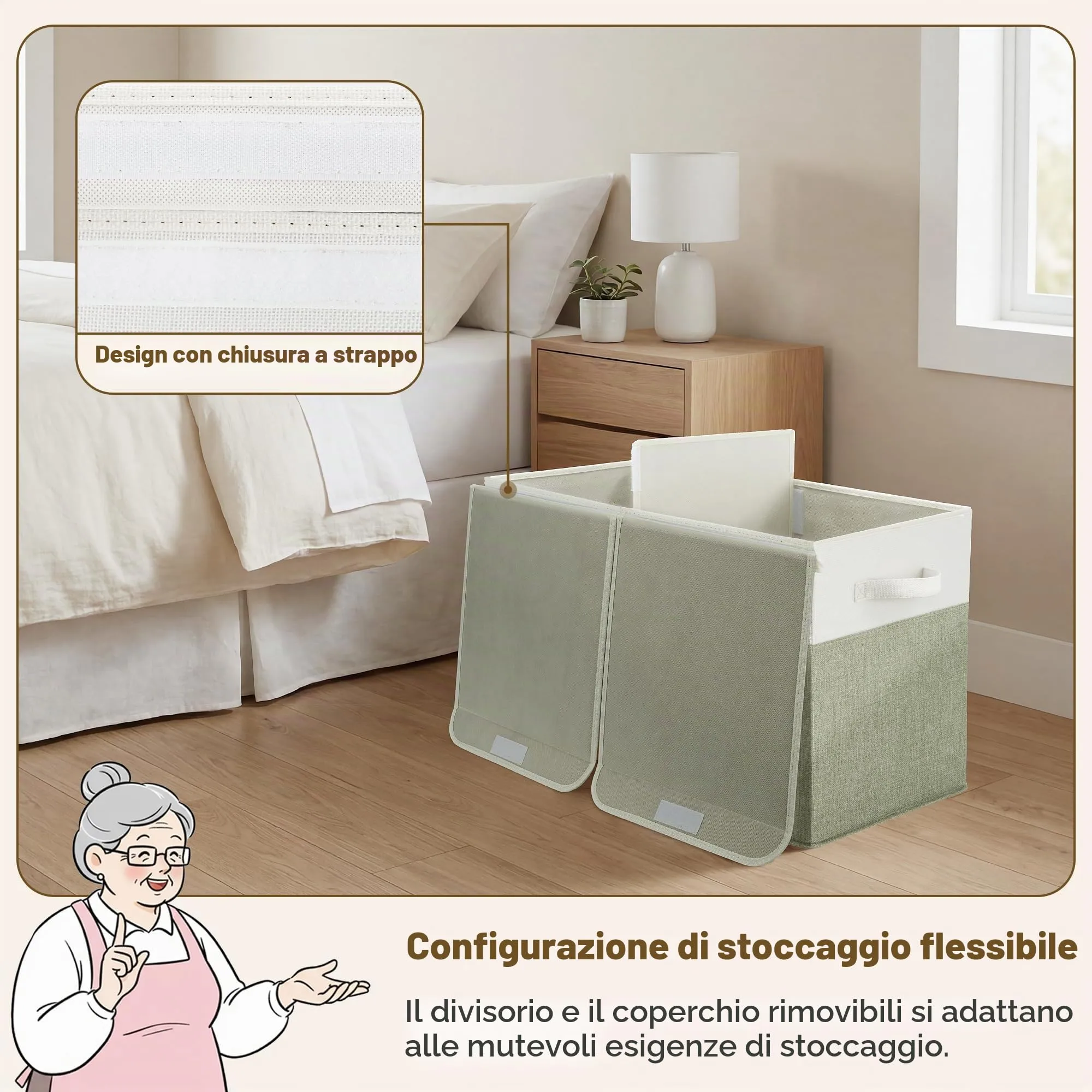 GRANNY SAYS Scatola portaoggetti pieghevole in tessuto con coperchio, Bianco&Verde, 62.5 x 33 x 40 cm - immagine 4