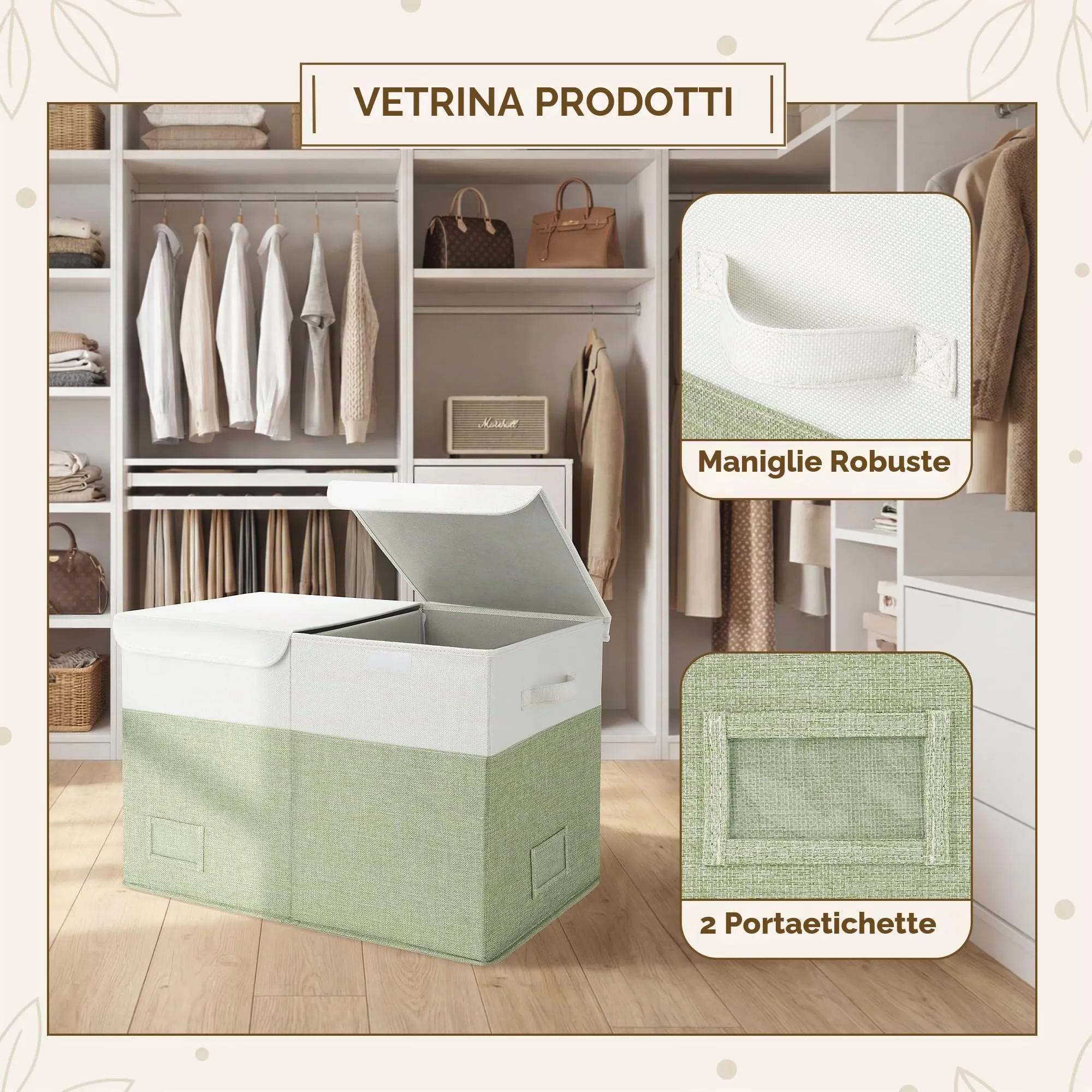 GRANNY SAYS Scatola portaoggetti pieghevole in tessuto con coperchio, Bianco&Verde, 62.5 x 33 x 40 cm - immagine 5