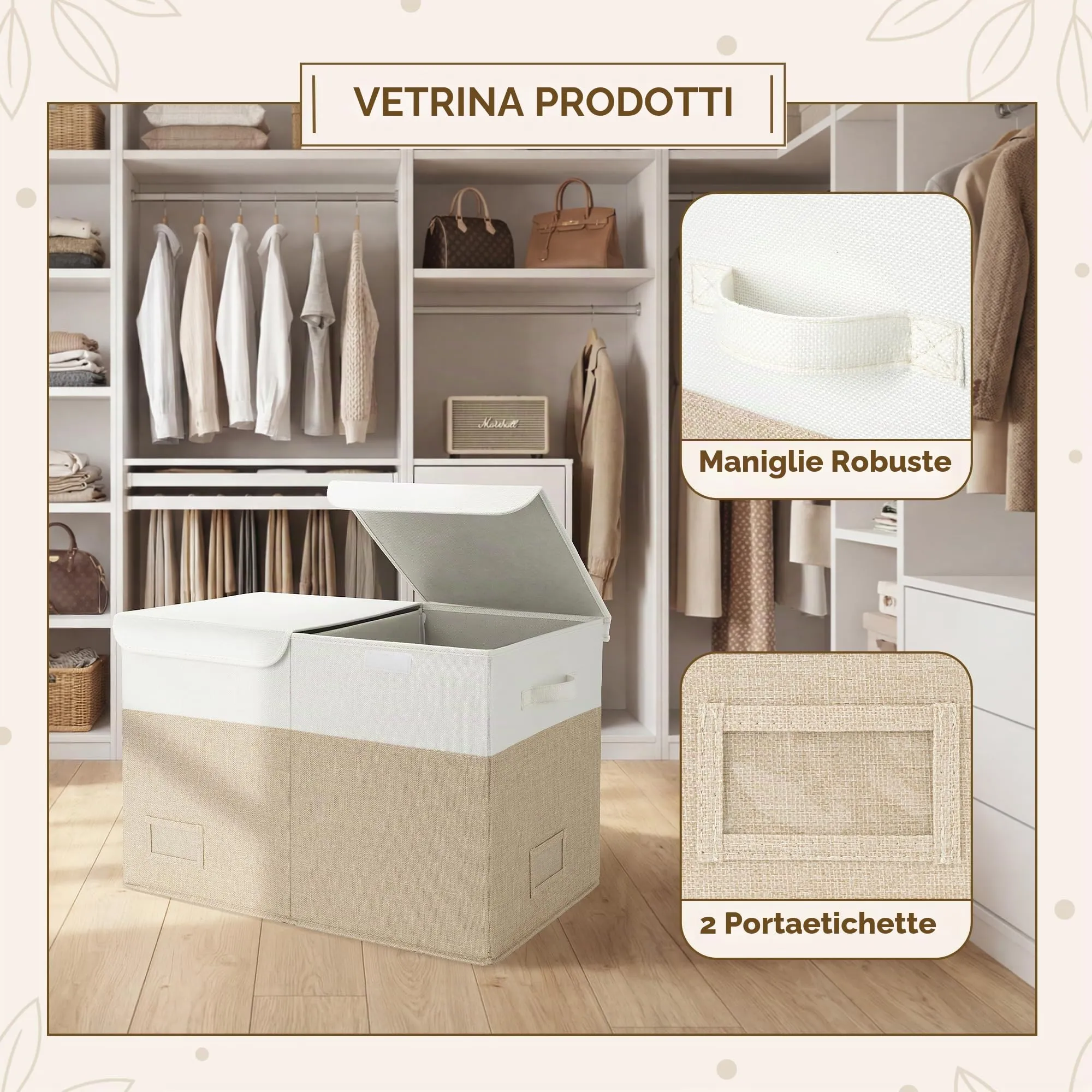 GRANNY SAYS Scatola Portaoggetti Pieghevole in Tessuto con Coperchio, Bianco&Kaki, 62.5 x 33 x 40 cm - immagine 5