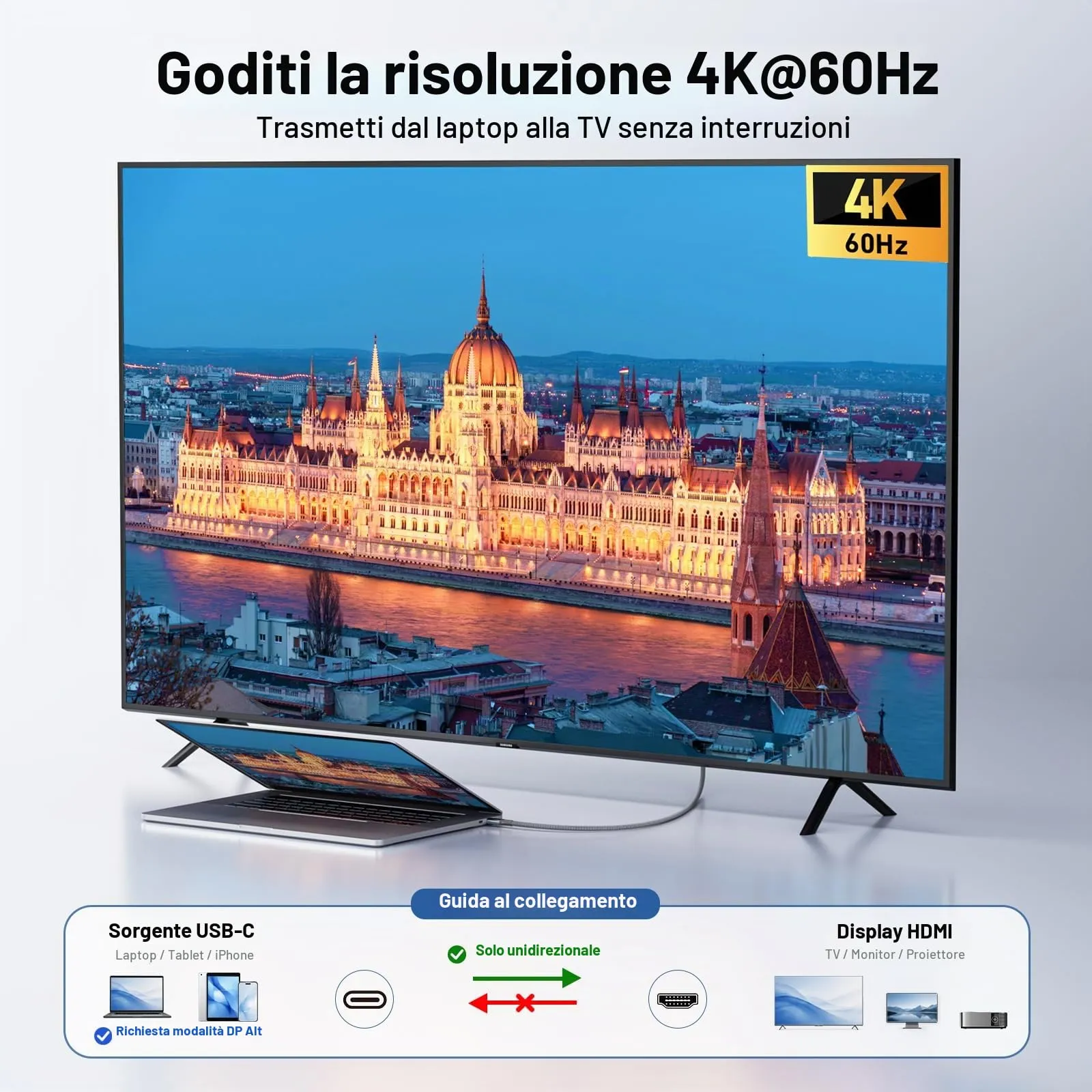 Acer Cavo USB C a HDMI 4K@60Hz Thunderbolt 3/4 HDMI 2.0, 4.5M - immagine 2