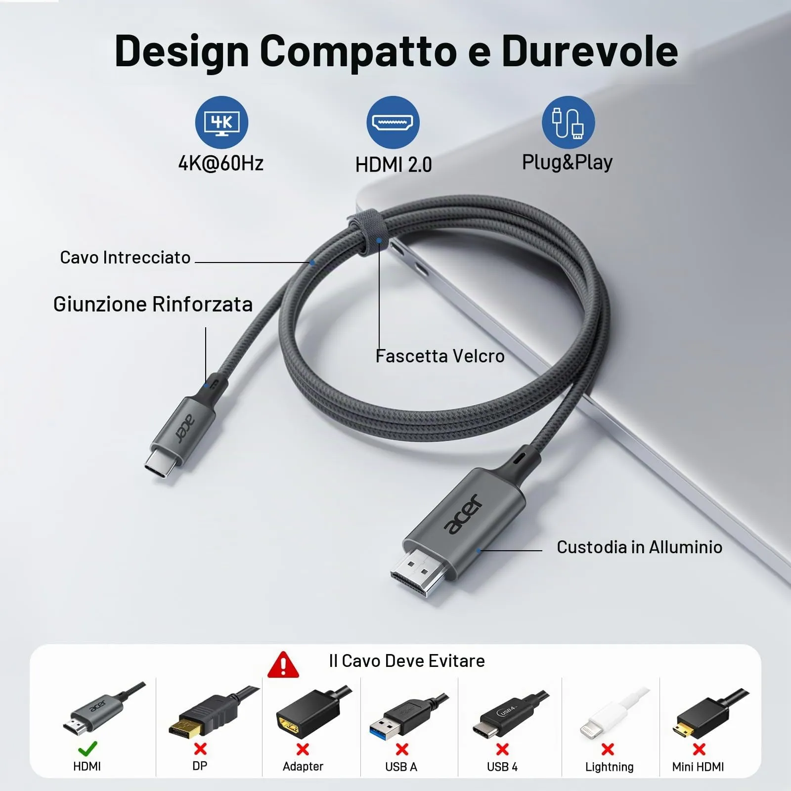 Acer Cavo USB C a HDMI 4K@60Hz Thunderbolt 3/4 HDMI 2.0, 4.5M - immagine 4