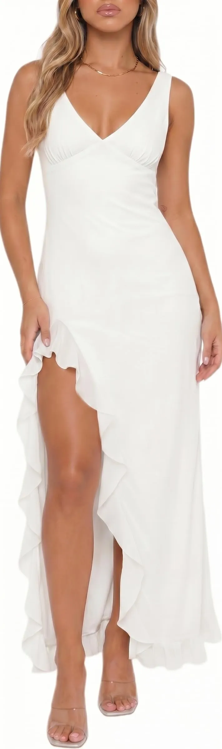 Xiaoliny Vestito Donna Elegante Senza Maniche Scollo a V Maxi Abito con Volant e Spacco in Rete Schiena Scoperta - immagine 1
