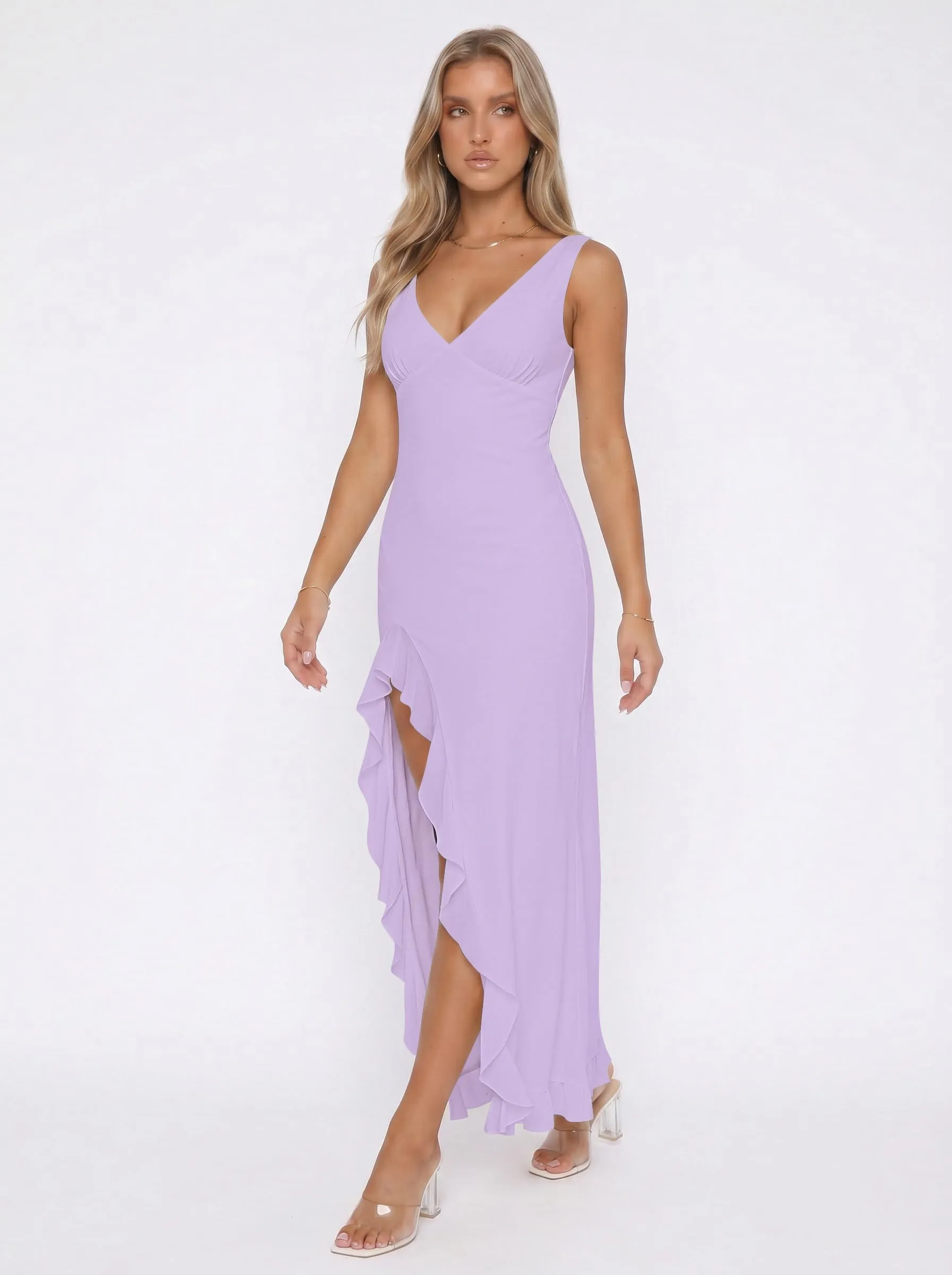 Xiaoliny Vestito Donna Elegante Senza Maniche Scollo a V Maxi Abito con Volant e Spacco in Rete Schiena Scoperta - immagine 4