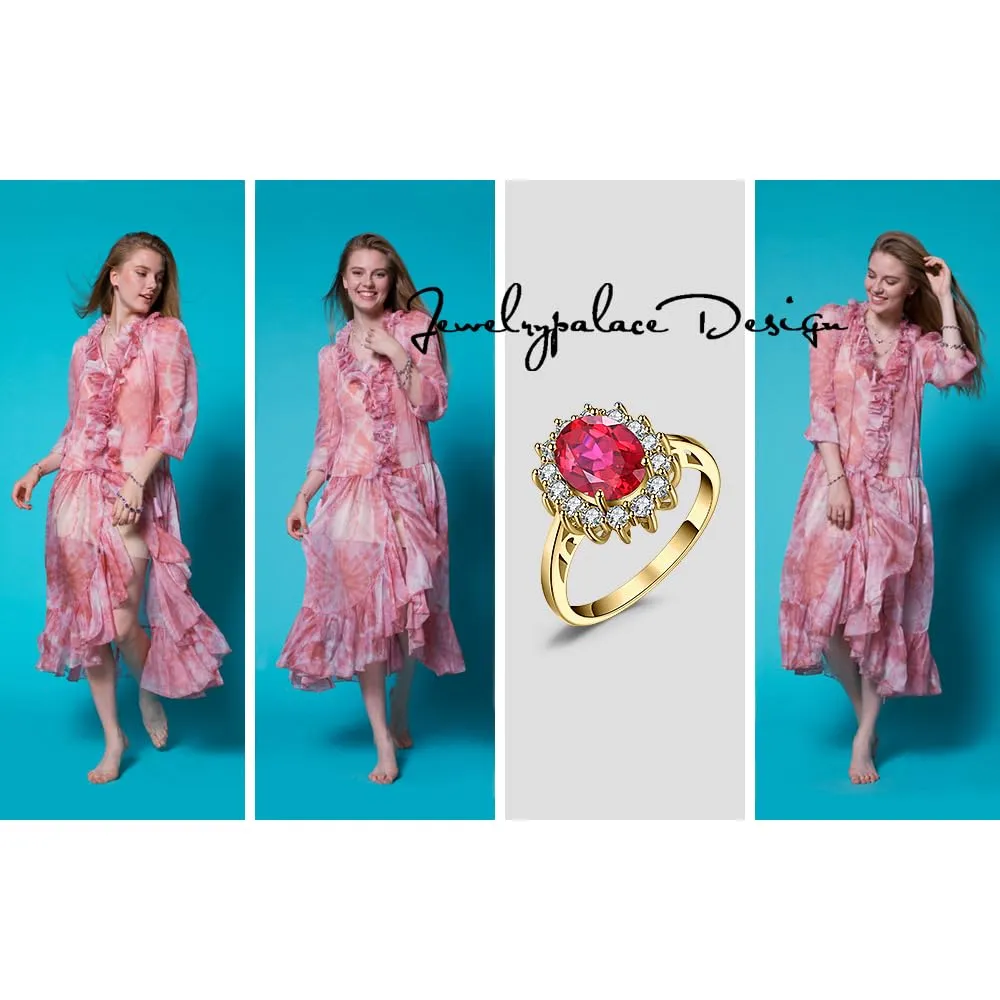 JewelryPalace Anello Halo Donna Placcato Oro Giallo 14K con Rubino Rosso Creato e Zirconi, Pietra Ovale - immagine 6
