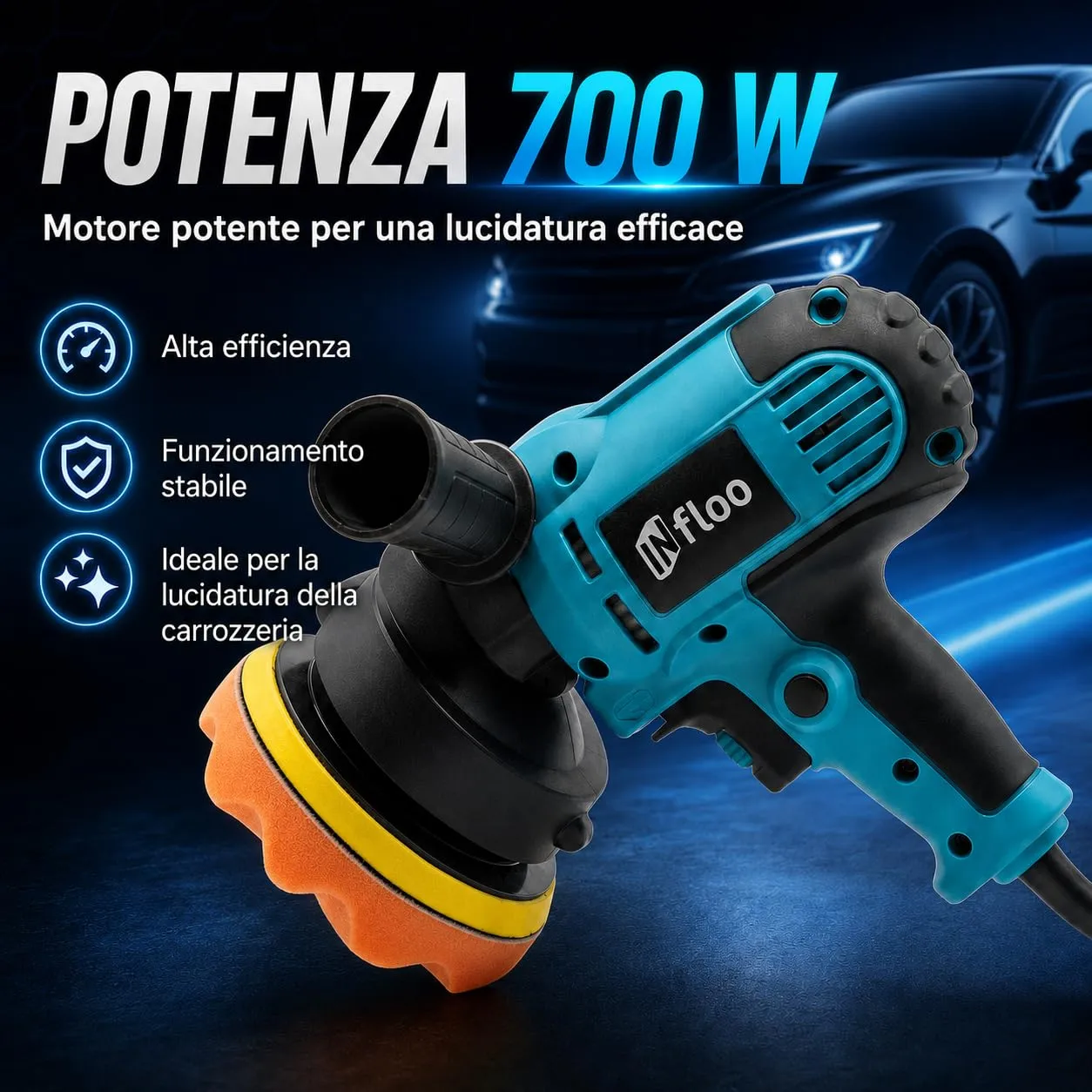 INfloo Lucidatrice Auto 700 W, Velocità Regolabile 600–3700 giri/min, Disco 125 mm, Set con Accessori - immagine 3