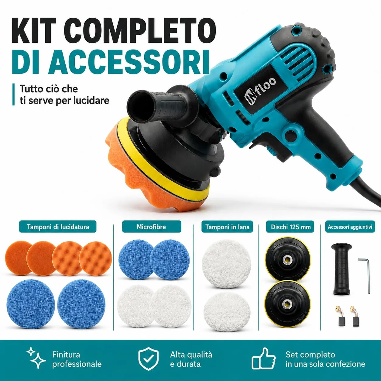 INfloo Lucidatrice Auto 700 W, Velocità Regolabile 600–3700 giri/min, Disco 125 mm, Set con Accessori - immagine 4