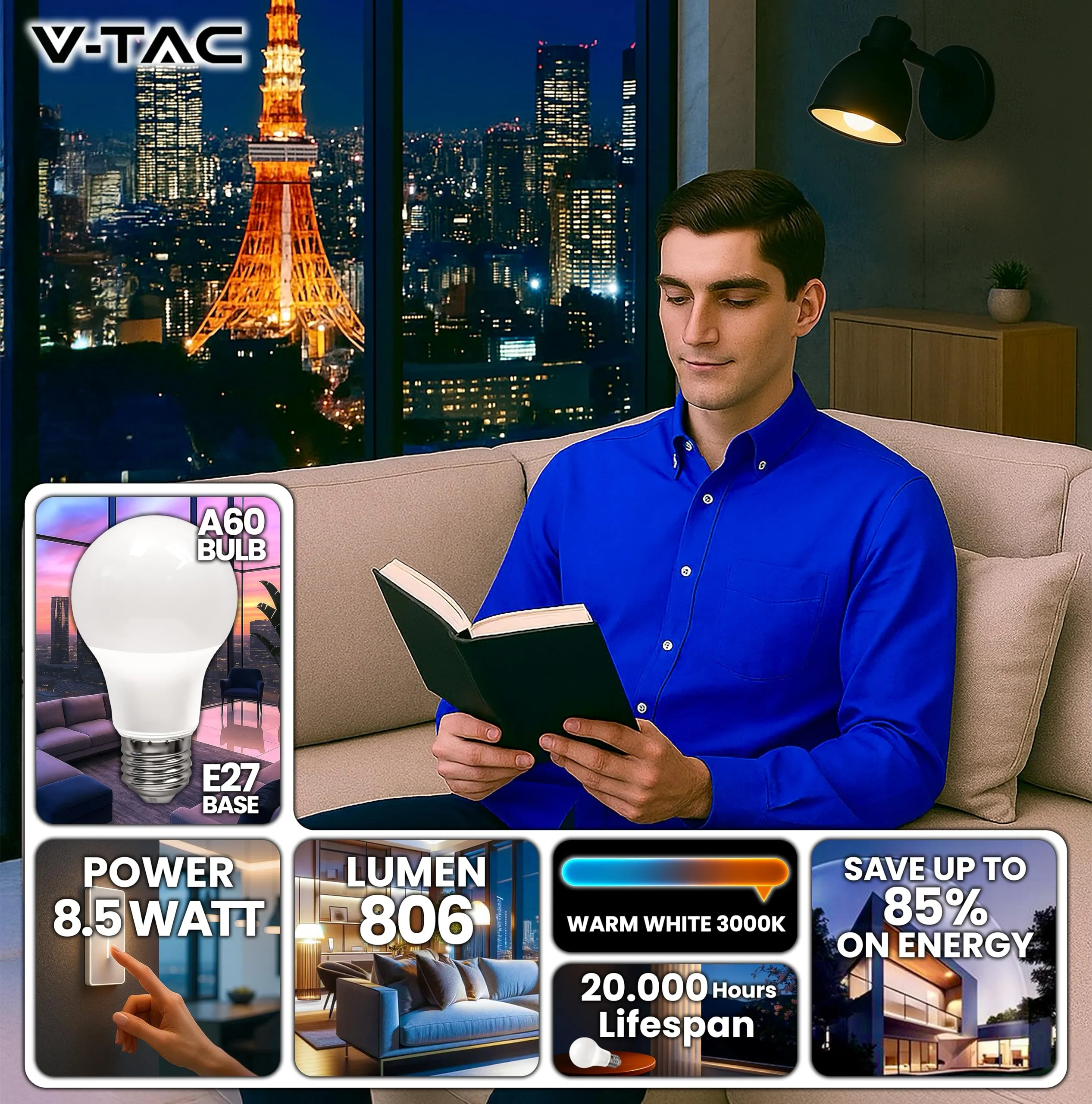V-TAC Lampadine LED E27 8,5W A60, 806 Lumen, Luce Calda 3000K, Confezione da 3 pezzi - immagine 3