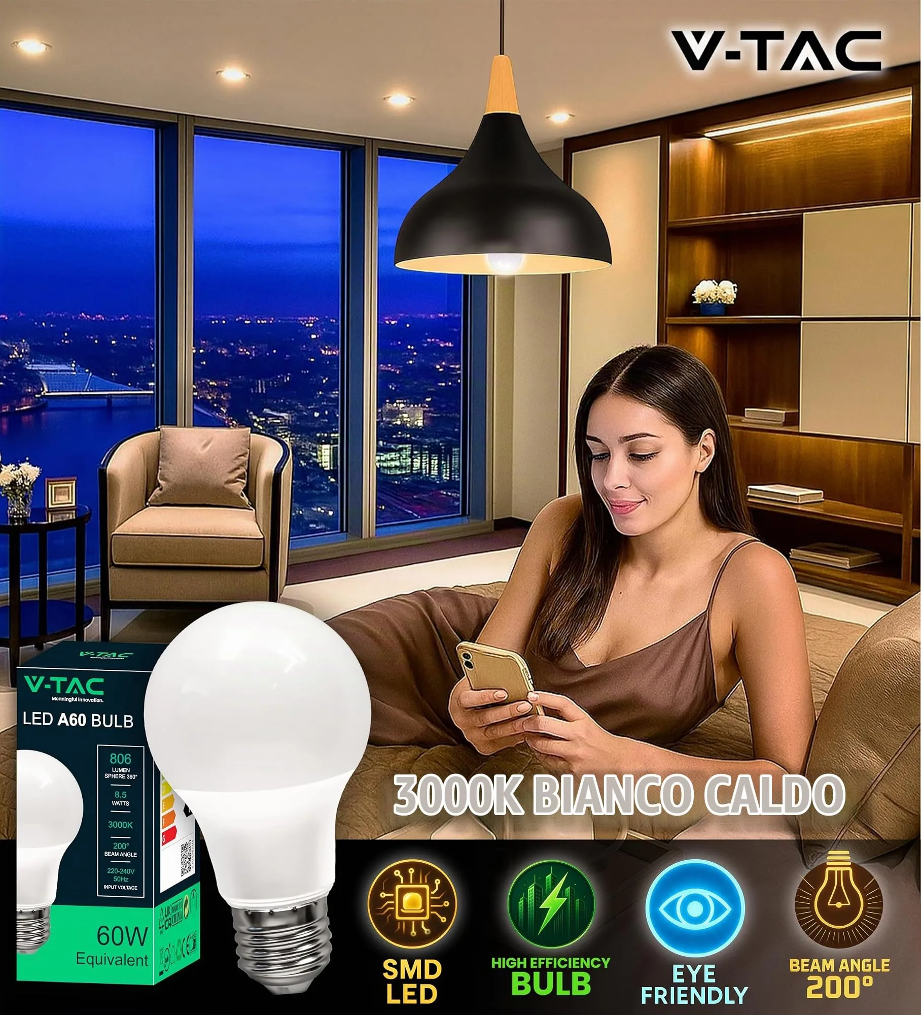 V-TAC Lampadine LED E27 8,5W A60, 806 Lumen, Luce Calda 3000K, Confezione da 3 pezzi - immagine 4
