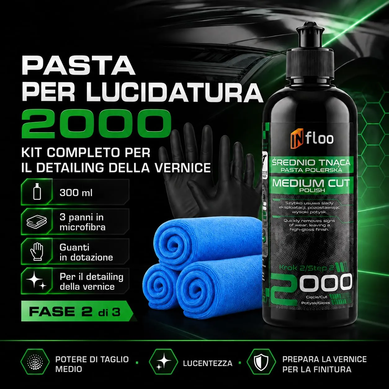 INfloo Pasta lucidante media 2000 con panni in microfibra e guanti, 300 ml - immagine 2