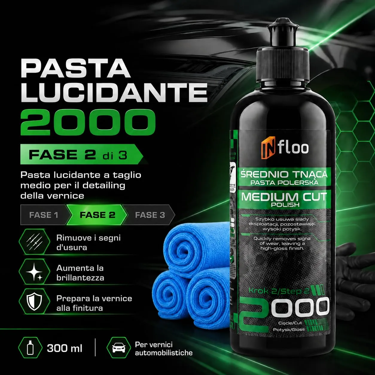 INfloo Pasta lucidante media 2000 con panni in microfibra e guanti, 300 ml - immagine 3