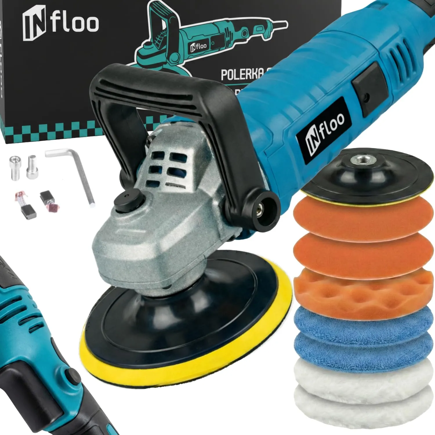 INfloo Lucidatrice Rotativa Auto 1580 W, Velocità Regolabile 500–3300 giri/min, Disco 125 mm, Set con Accessori - immagine 1