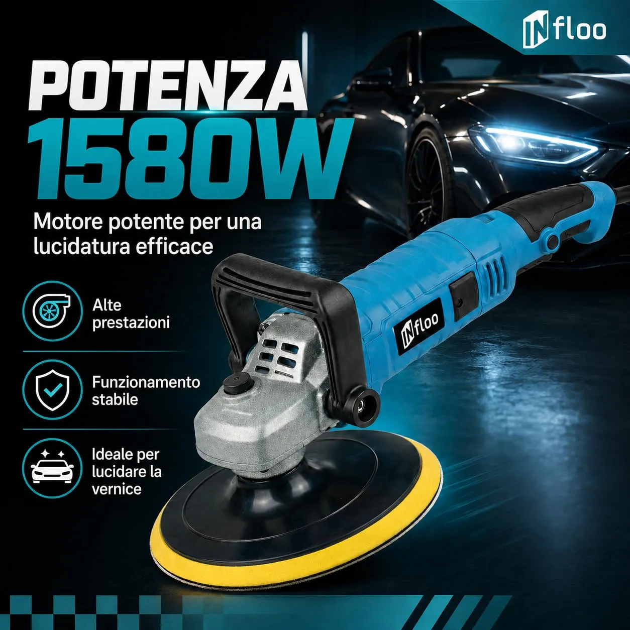 INfloo Lucidatrice Rotativa Auto 1580 W, Velocità Regolabile 500–3300 giri/min, Disco 125 mm, Set con Accessori - immagine 3