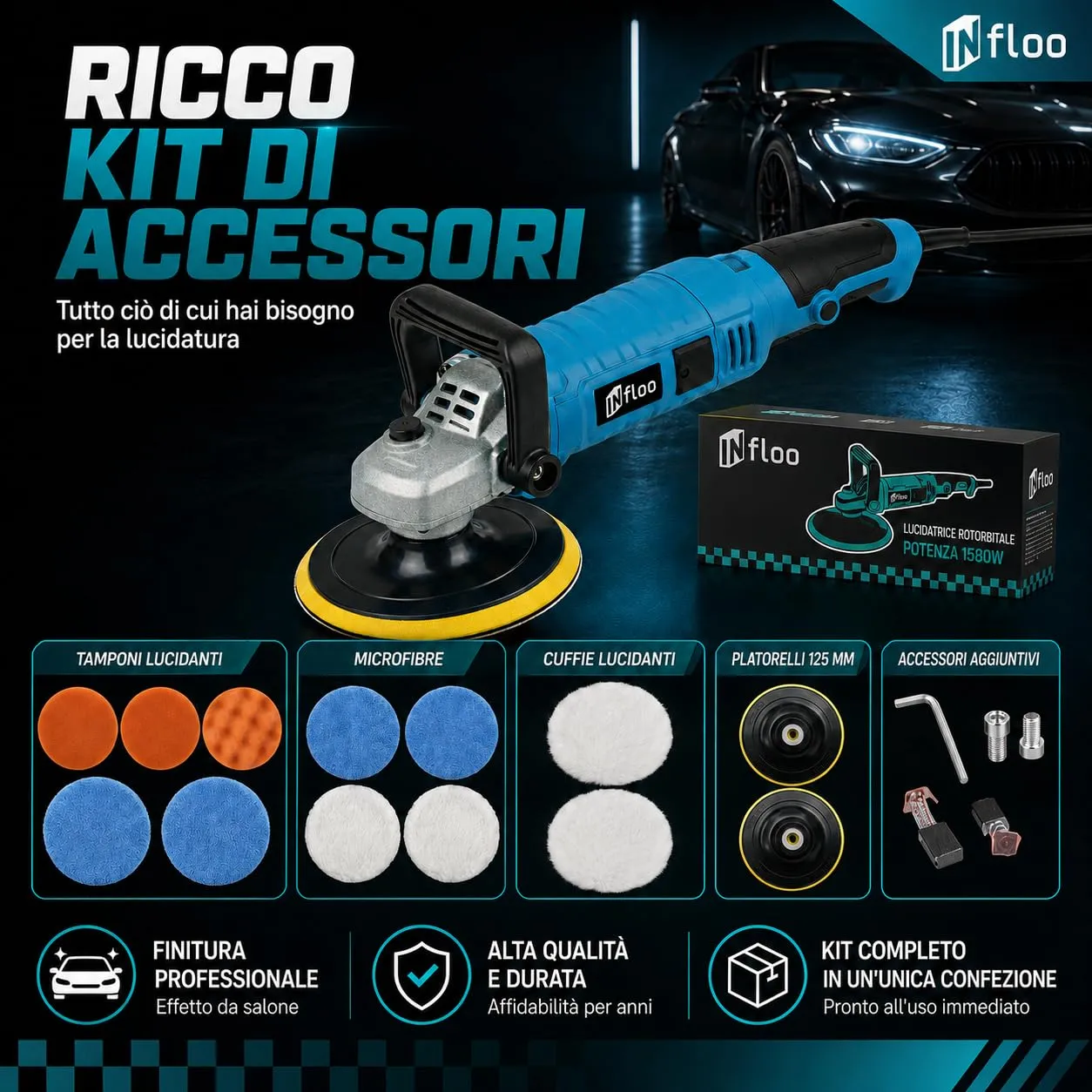 INfloo Lucidatrice Rotativa Auto 1580 W, Velocità Regolabile 500–3300 giri/min, Disco 125 mm, Set con Accessori - immagine 4