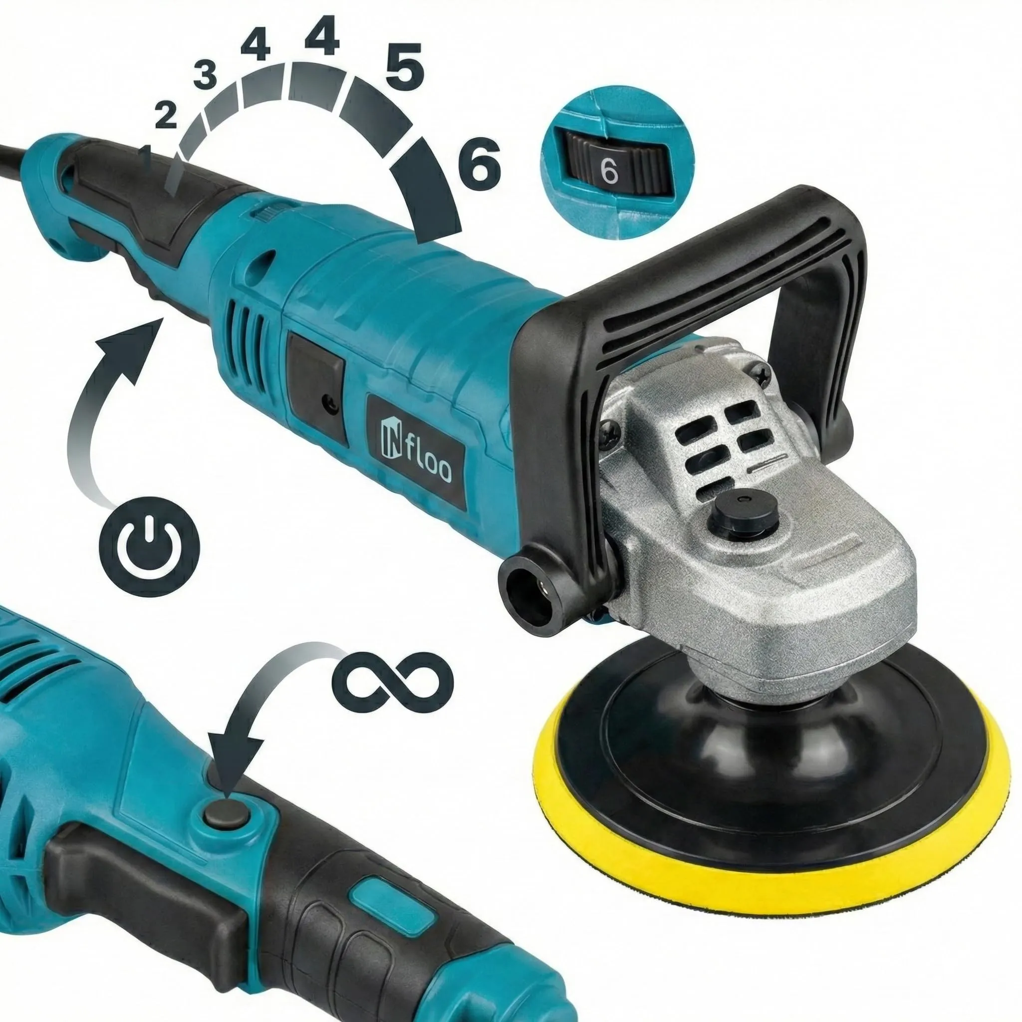 INfloo Lucidatrice Rotativa Auto 1580 W, Velocità Regolabile 500–3300 giri/min, Disco 125 mm, Set con Accessori - immagine 5