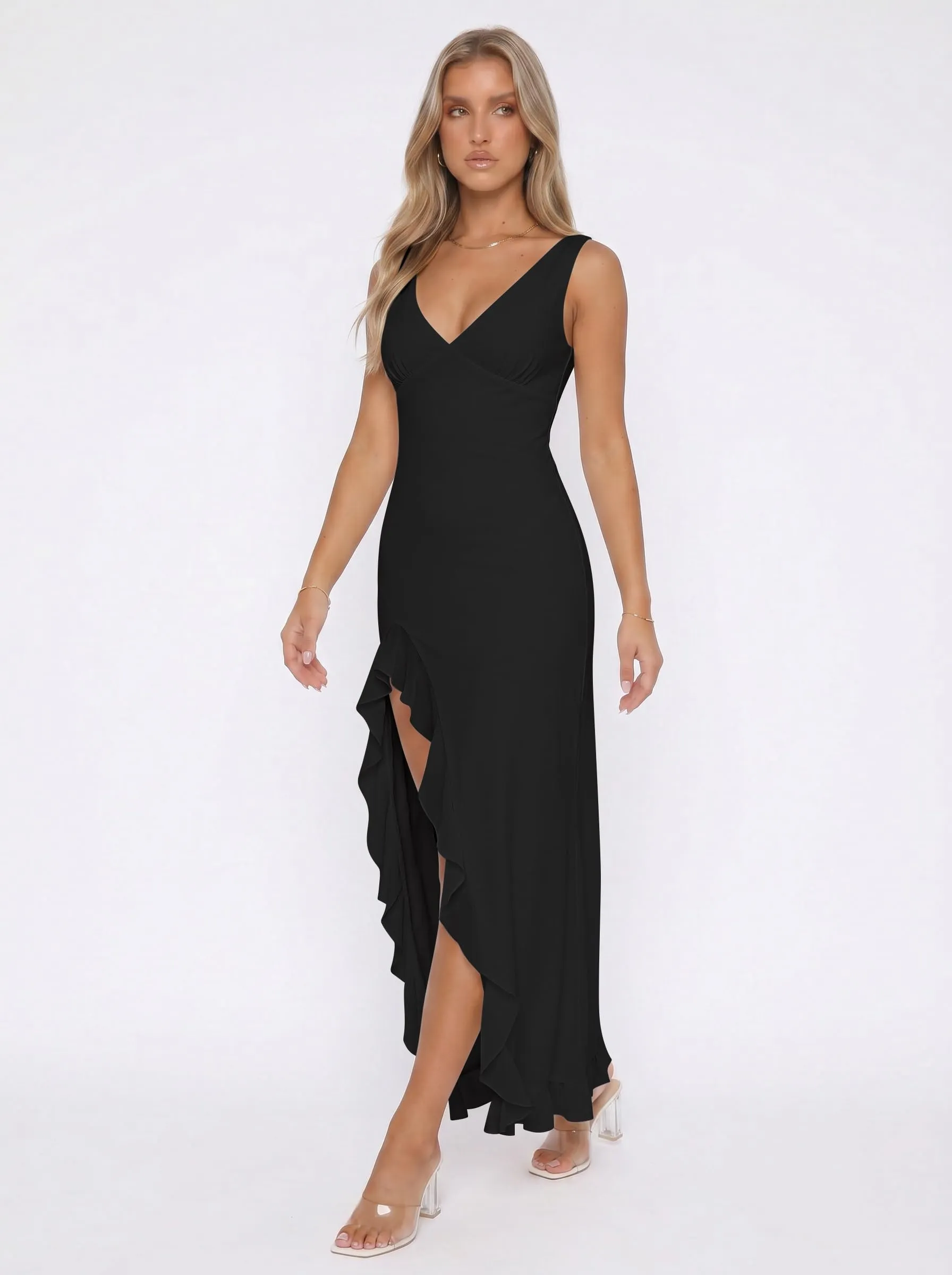 Xiaoliny Vestito Donna Elegante Senza Maniche Scollo a V Maxi Abito in Rete con Volant e Spacco - immagine 4