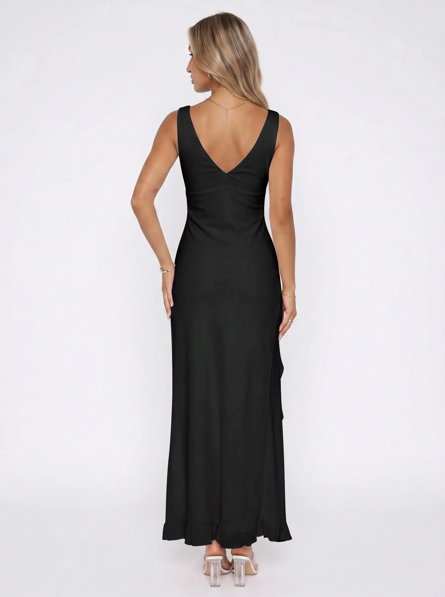 Xiaoliny Vestito Donna Elegante Senza Maniche Scollo a V Maxi Abito in Rete con Volant e Spacco - immagine 5