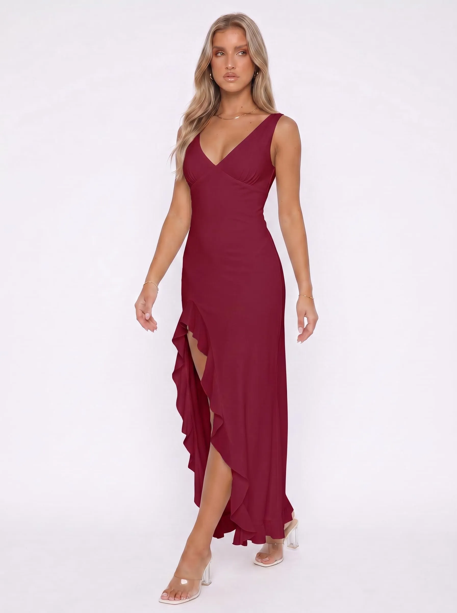 Xiaoliny Vestito Donna Elegante Senza Maniche Scollo a V Maxi Abito con Volant e Spacco in Rete Schiena Scoperta - immagine 4