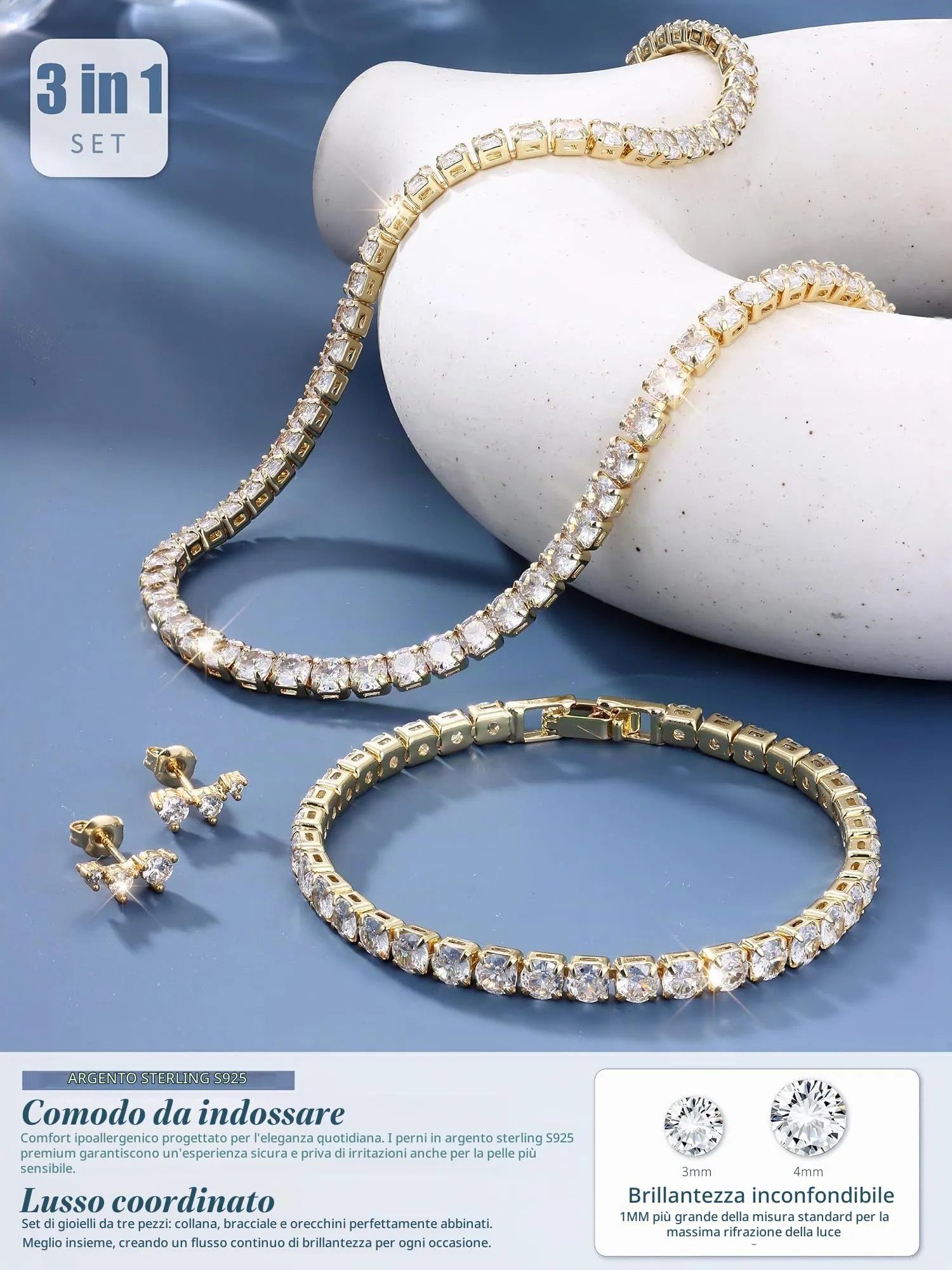 Diamday Set di Gioielli per Donna in Argento 925 con Collana Tennis, Bracciale e Orecchini a Lobo - immagine 6