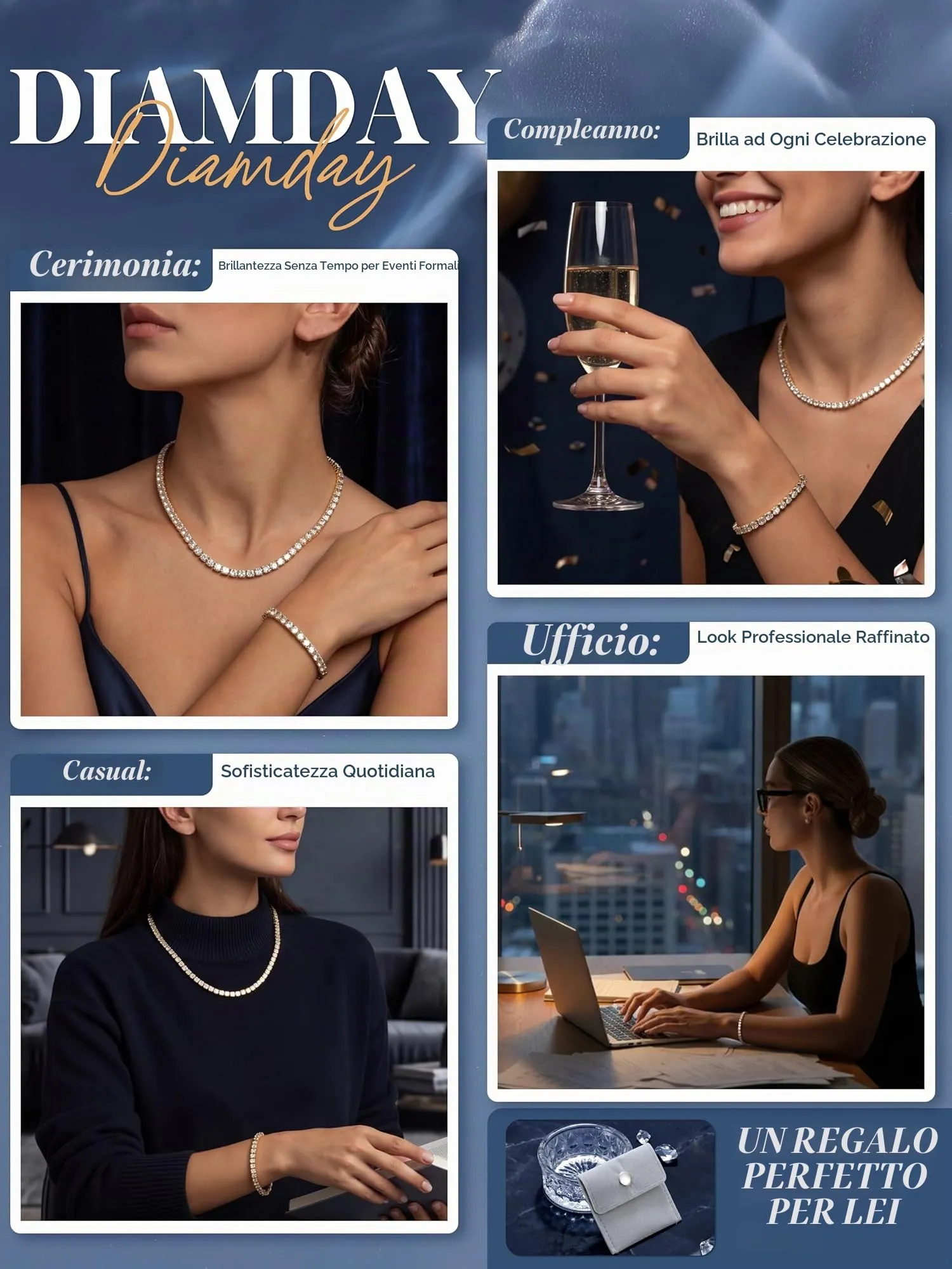 Diamday Set di Gioielli in Argento 925 con Zirconi Cubici, Collana Tennis, Bracciale e Orecchini a Lobo - immagine 4